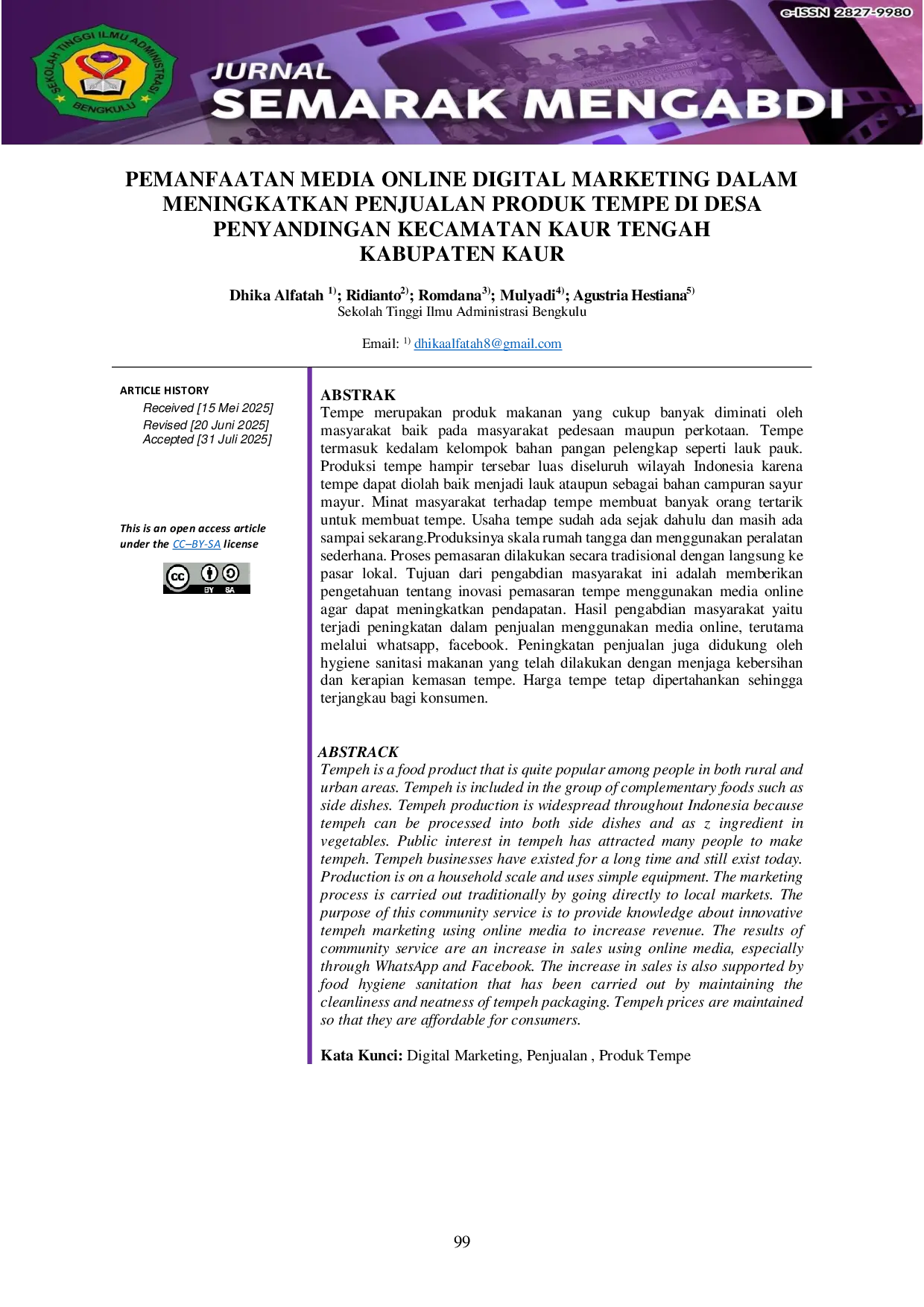 JURIS Pemanfaatan Media Online Digital Marketing dalam Meningkatkan Penjualan Produk Tempe di Desa Penyandingan Kecamatan Kaur Tengah Kabupaten Kaur