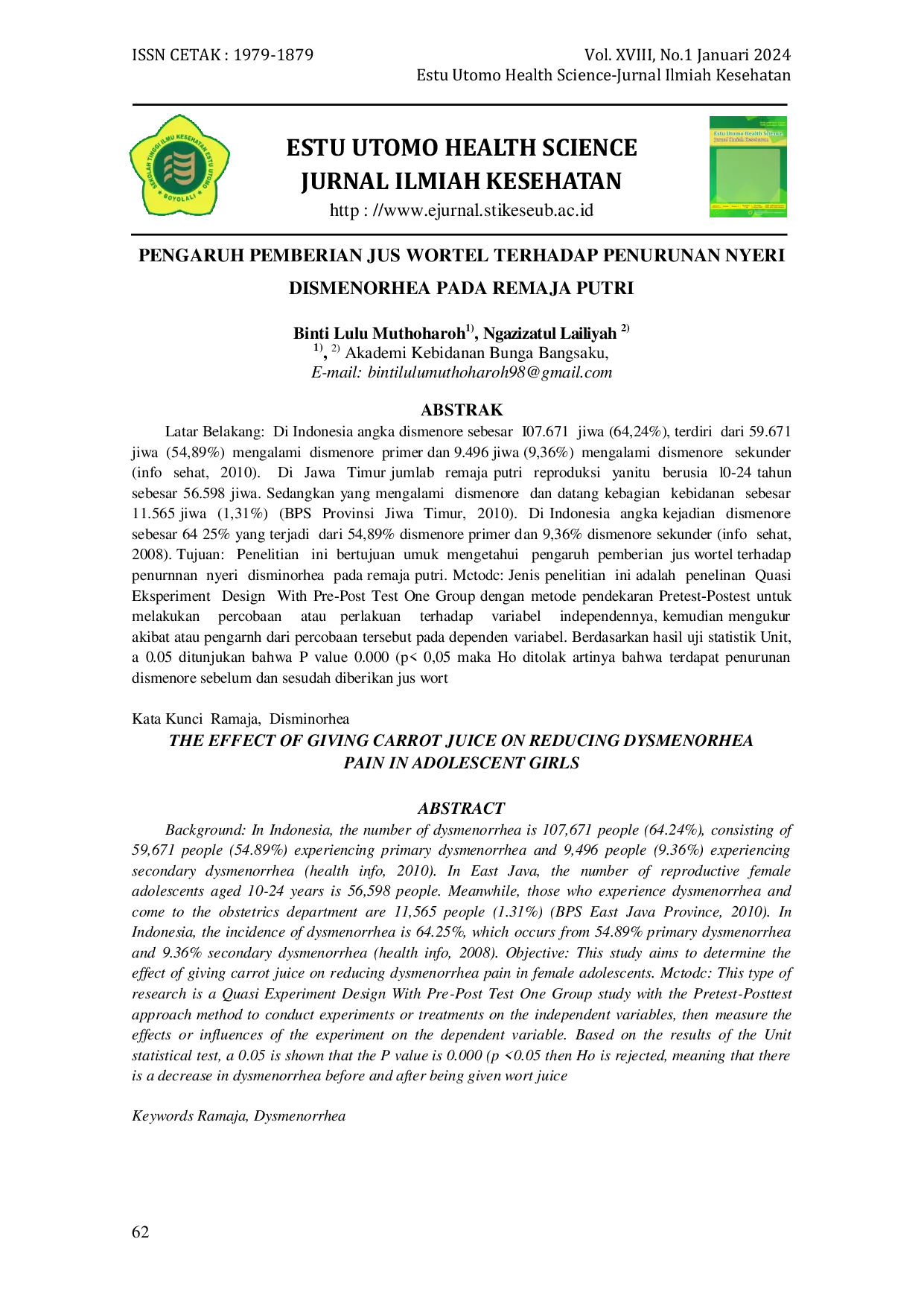 JURIS Pengaruh Pemberian Jus Wortel Terhadap Penurunan Nyeri Dismenorhea Pada Remaja Putri
