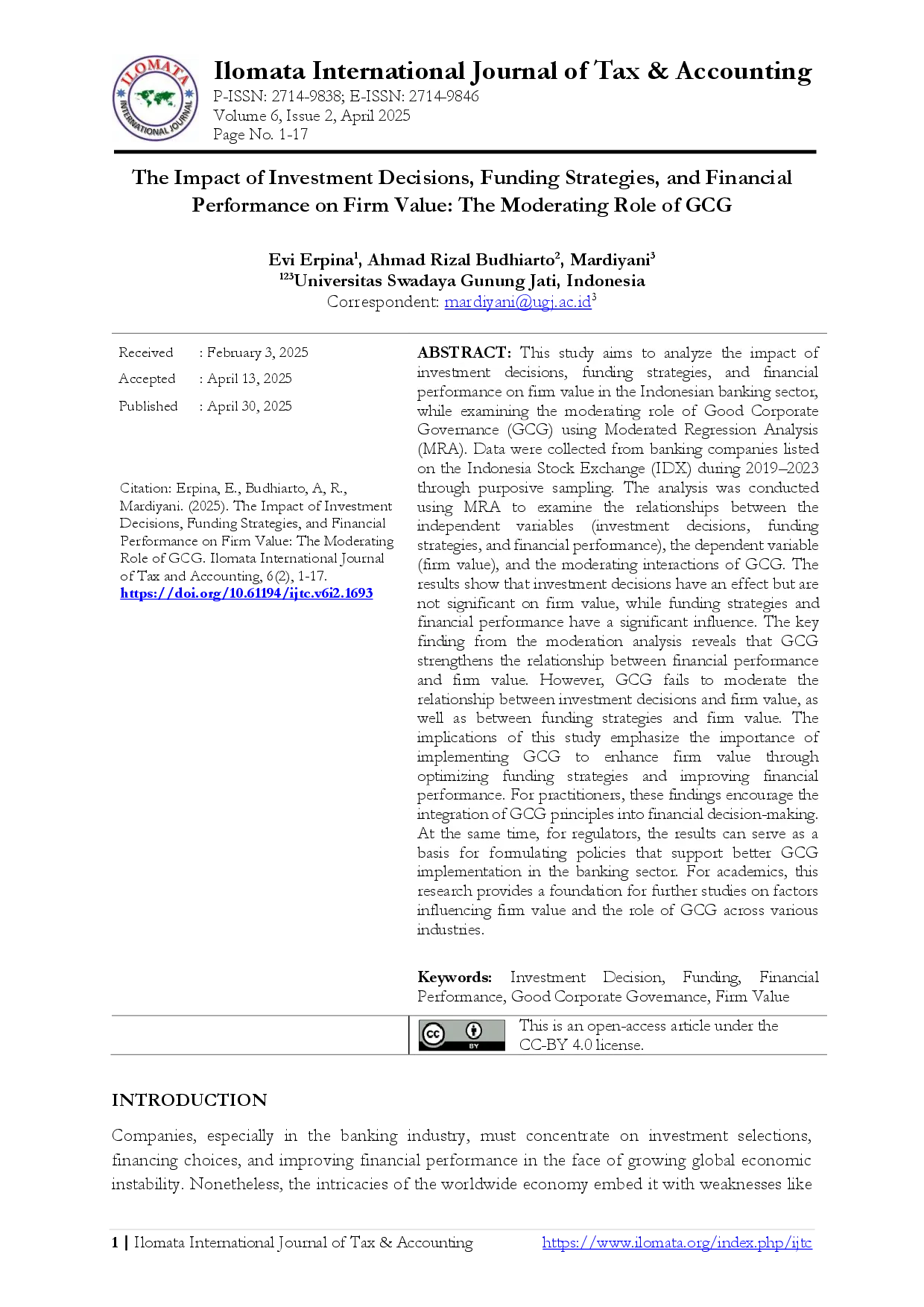 juris The Impact of Investment Decisions Funding Strategies and Financial Performance on Firm Value The Moderating Role of GCG