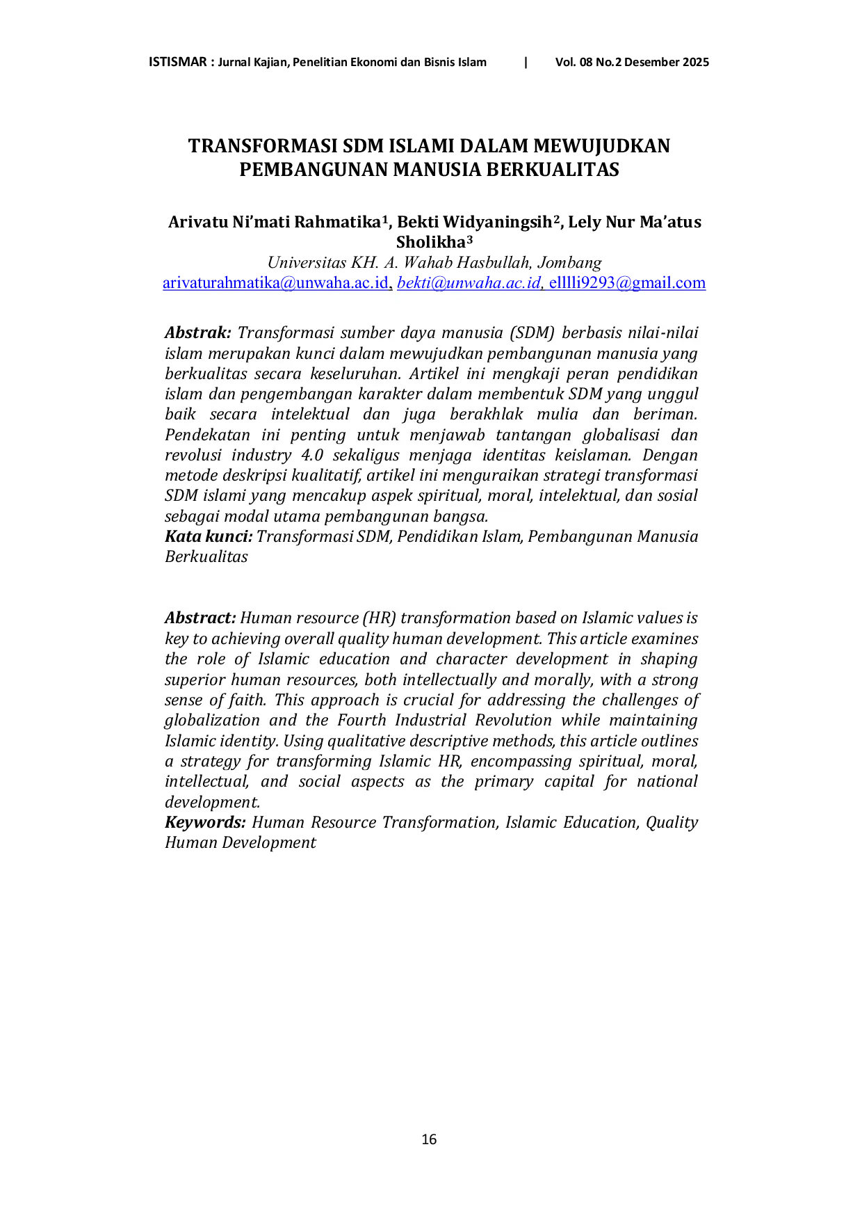 JURIS Transformasi Sdm Islami Dalam Mewujudkan Pembangunan Manusia Berkualitas