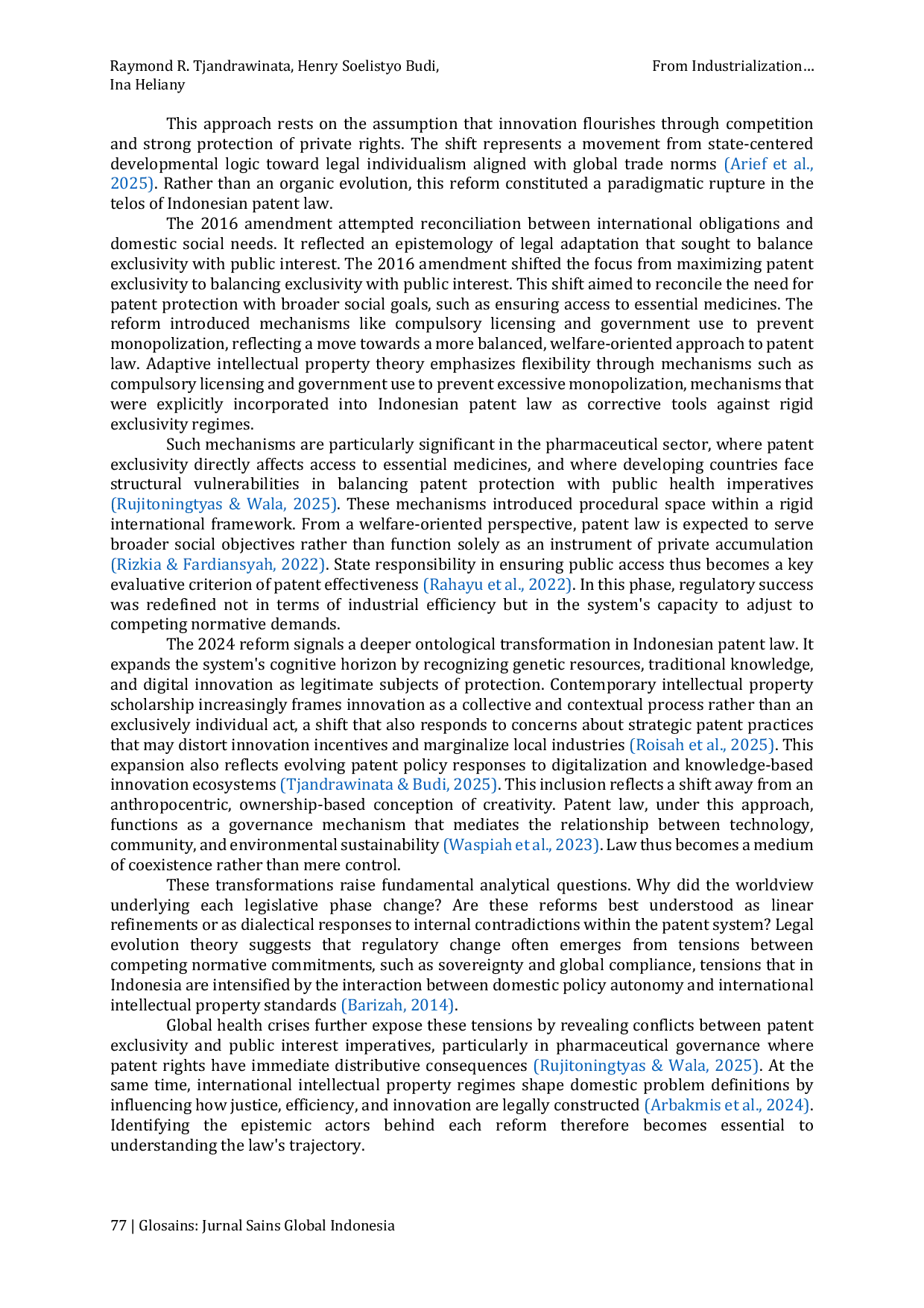 JURIS From Industrialization to Innovation Justice The Evolution of Indonesia s Patent Law 1989 2024 and the Quest for a Post TRIPS Legal Order