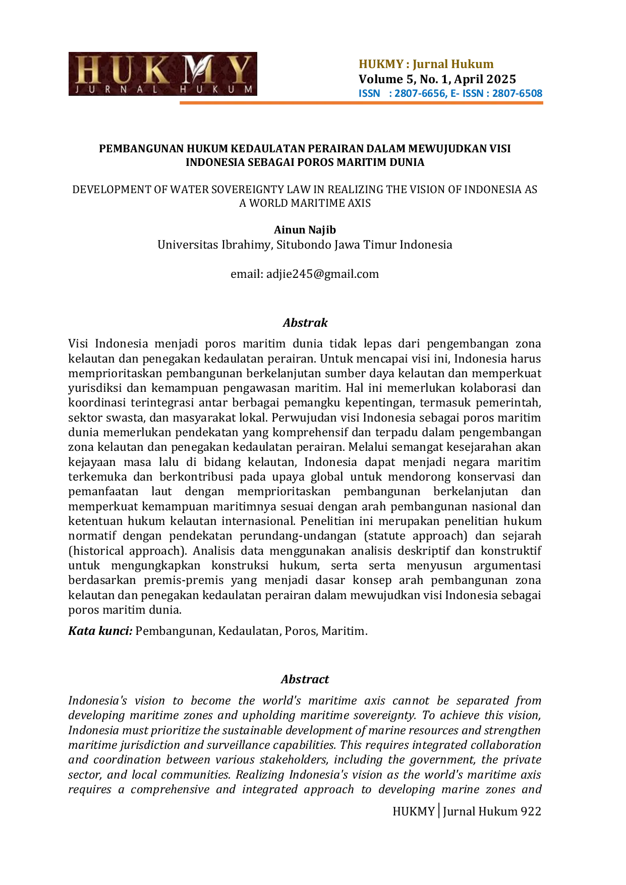 JURIS Pembangunan Hukum Kedaulatan Perairan Dalam Mewujudkan Visi Indonesia Sebagai Poros Maritim Dunia