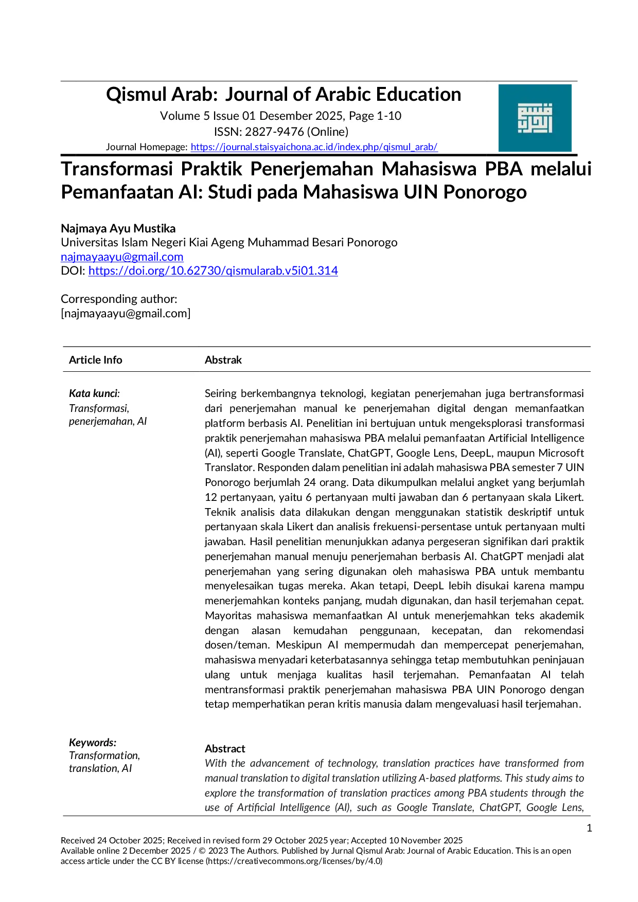 JURIS Transformasi Praktik Penerjemahan Mahasiswa PBA melalui Pemanfaatan AI