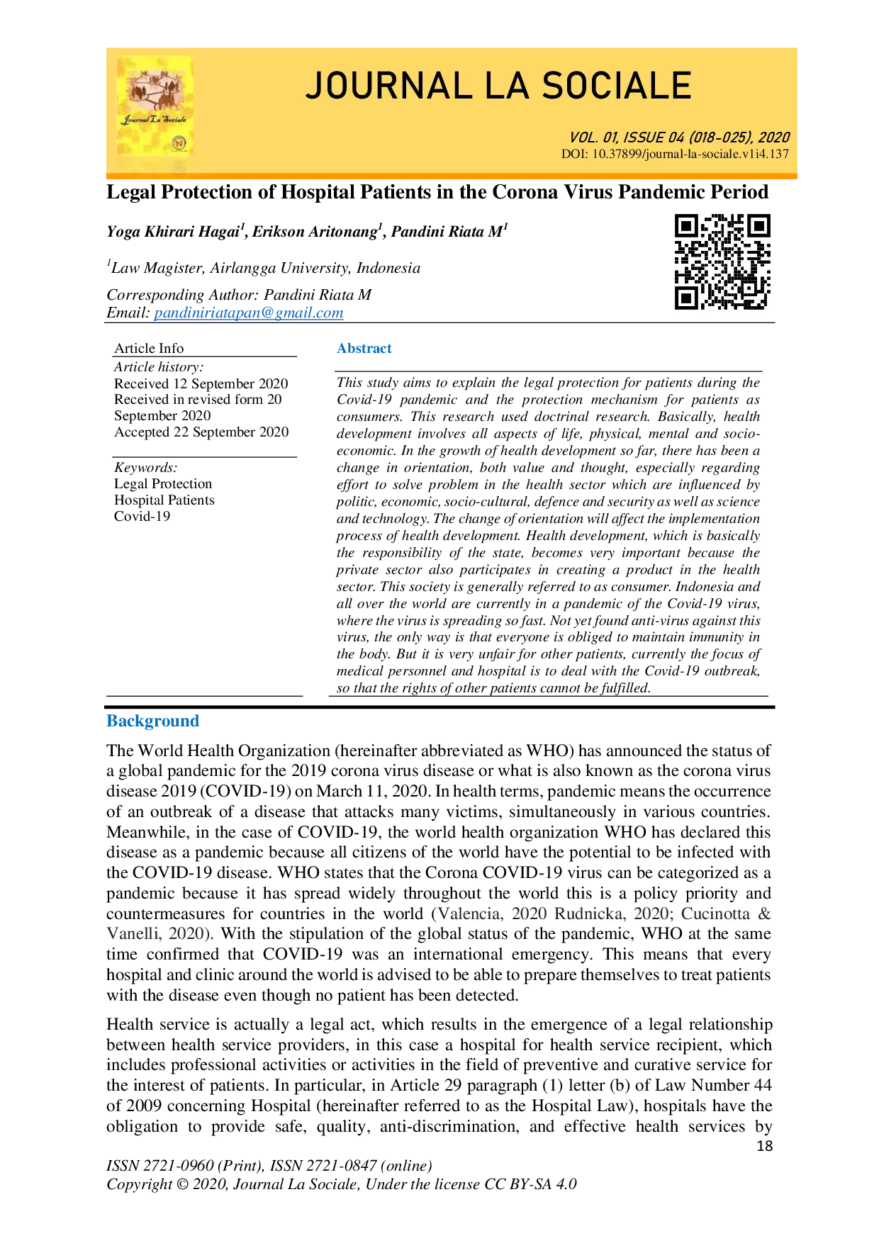 juris Legal Protection of Hospital Patients in the Corona Virus Pandemic Period