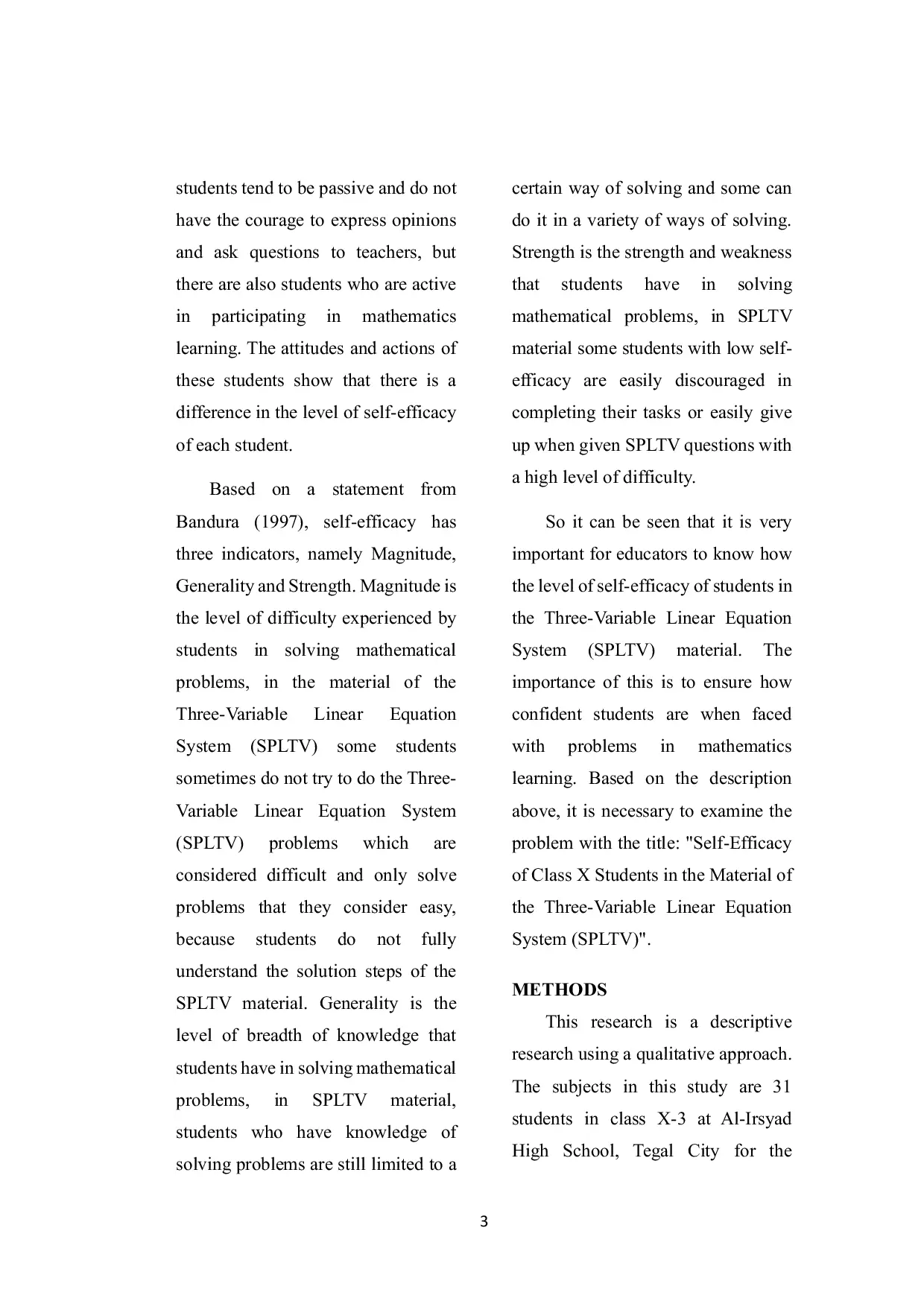 JURIS Self Efficacy of Class X Students on the Material of the Three Variable Linear Equation System