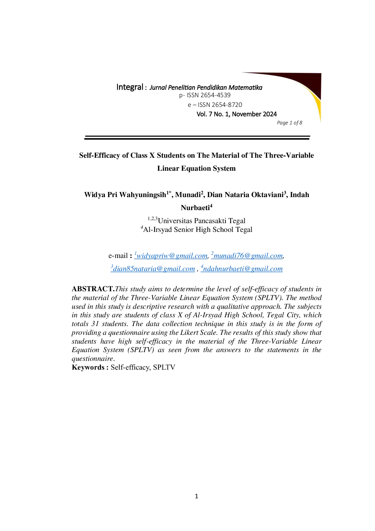 JURIS Self Efficacy of Class X Students on the Material of the Three Variable Linear Equation System
