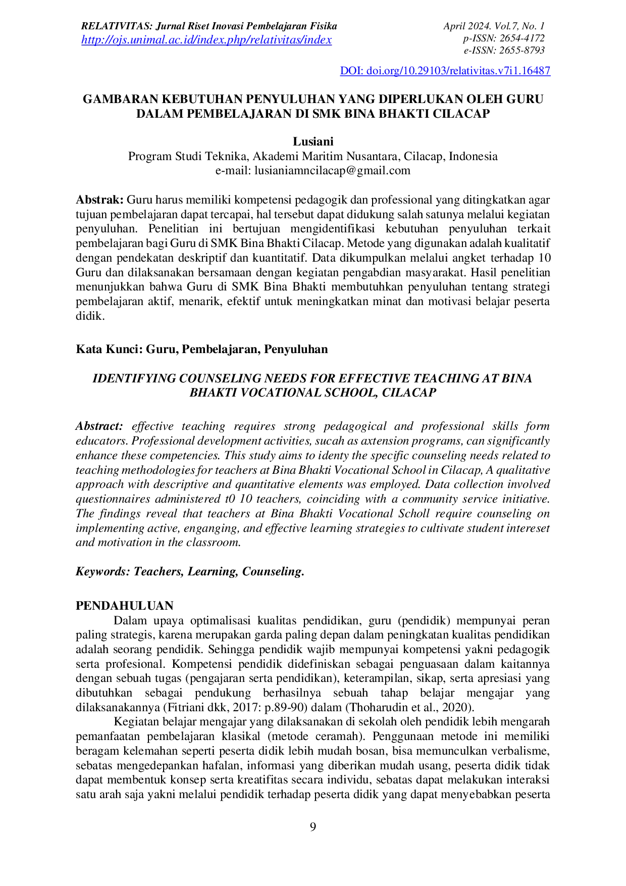 JURIS Gambaran Kebutuhan Penyuluhan Yang Diperlukan Oleh Guru Dalam Pembelajaran Di Smk Bina Bhakti Cilacap