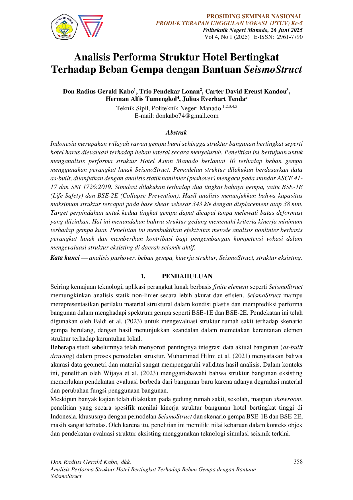 JURIS Analisis Performa Struktur Hotel Bertingkat Terhadap Beban Gempa dengan Bantuan SeismoStruct