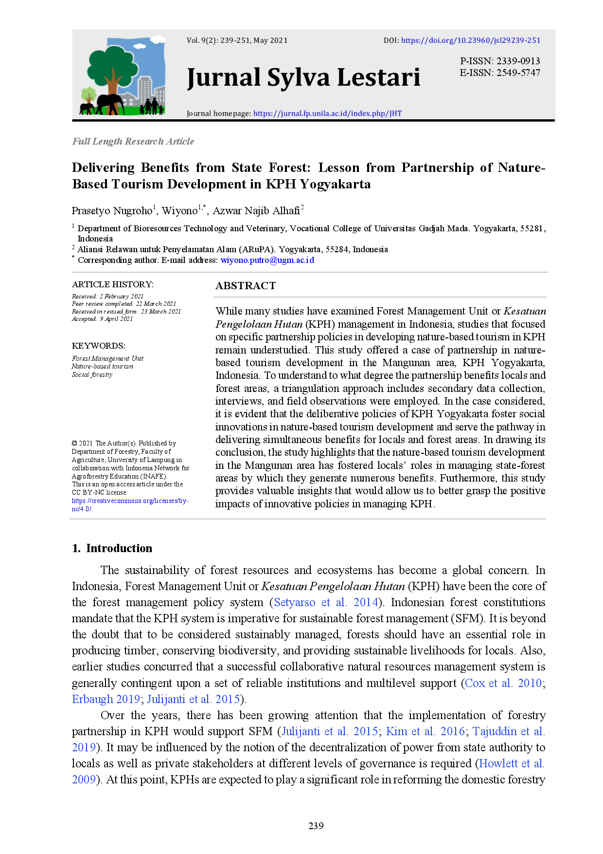 juris Delivering Benefits from State Forest Lesson from Partnership of Nature Based Tourism Development in KPH Yogyakarta