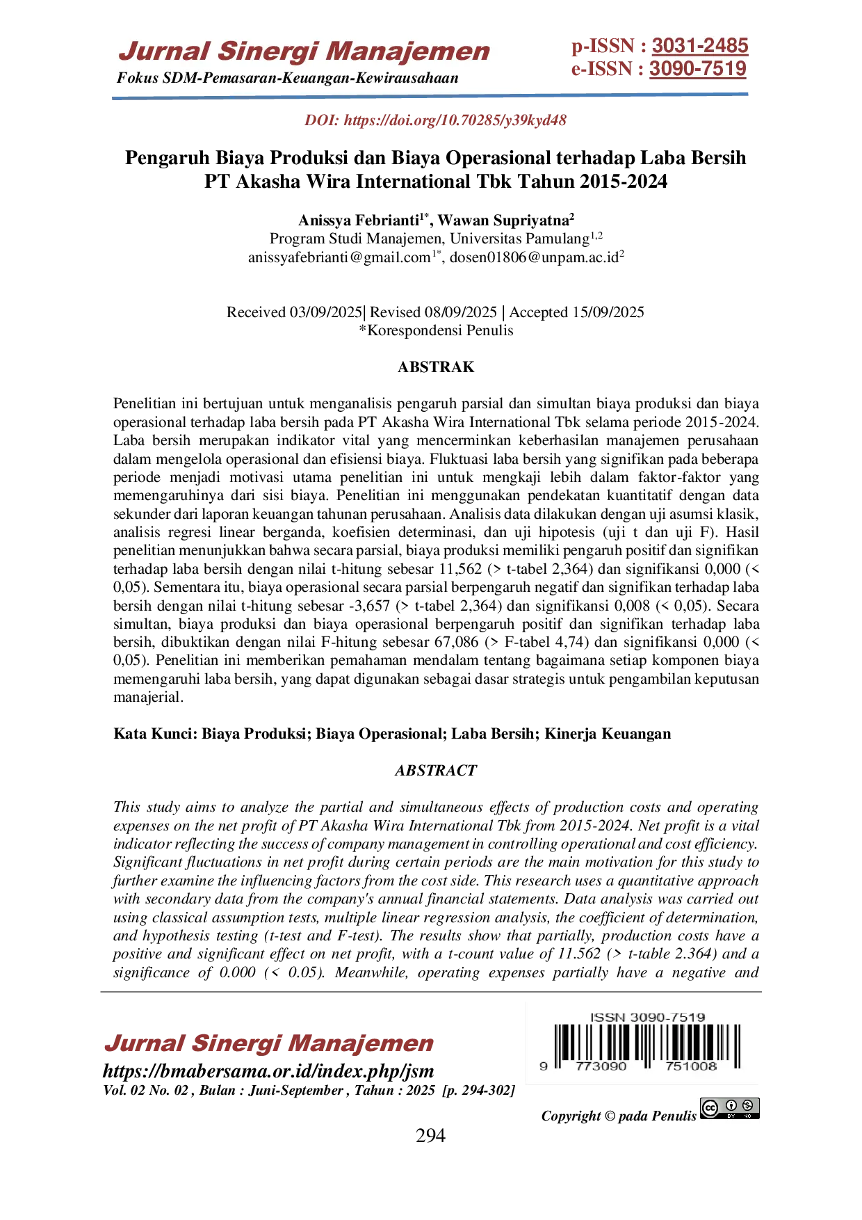 JURIS Pengaruh Biaya Produksi dan Biaya Operasional terhadap Laba Bersih PT Akasha Wira International Tbk Tahun 2015 2024
