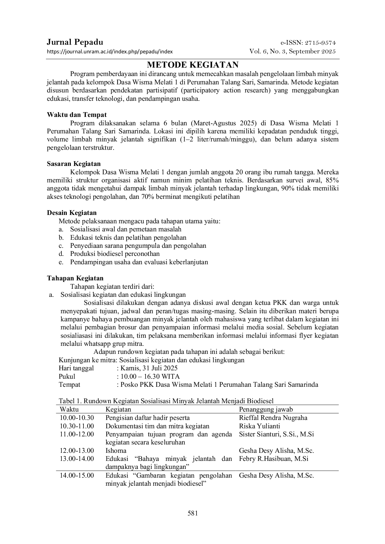 JURIS Pemberdayaan Ibu Ibu PKK Melalui Edukasi dan Pelatihan Produksi Biodisel dari Minyak Jelantah Berbasis Katalis Ramah Lingkungan di Perumahan Talang Sari Samarinda