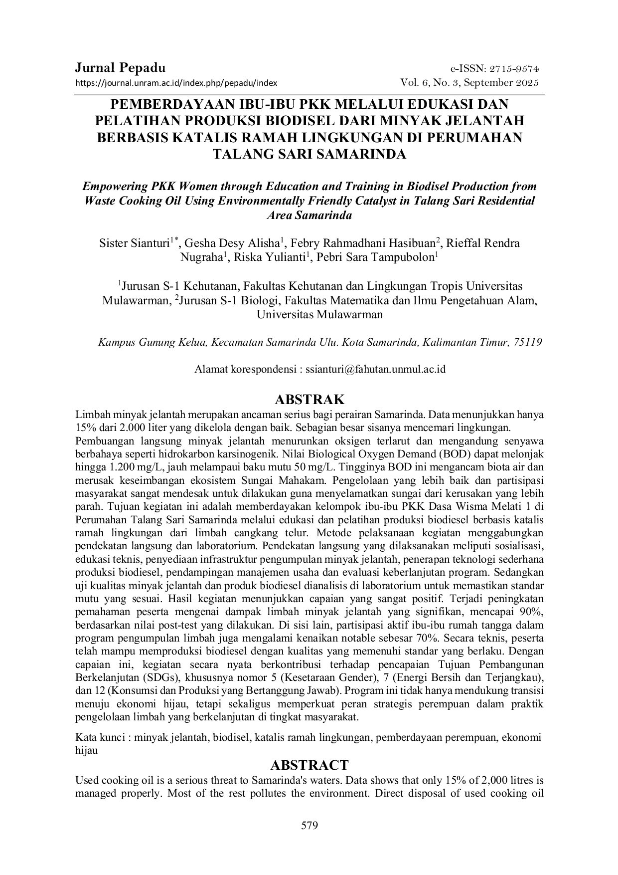 JURIS Pemberdayaan Ibu Ibu PKK Melalui Edukasi dan Pelatihan Produksi Biodisel dari Minyak Jelantah Berbasis Katalis Ramah Lingkungan di Perumahan Talang Sari Samarinda