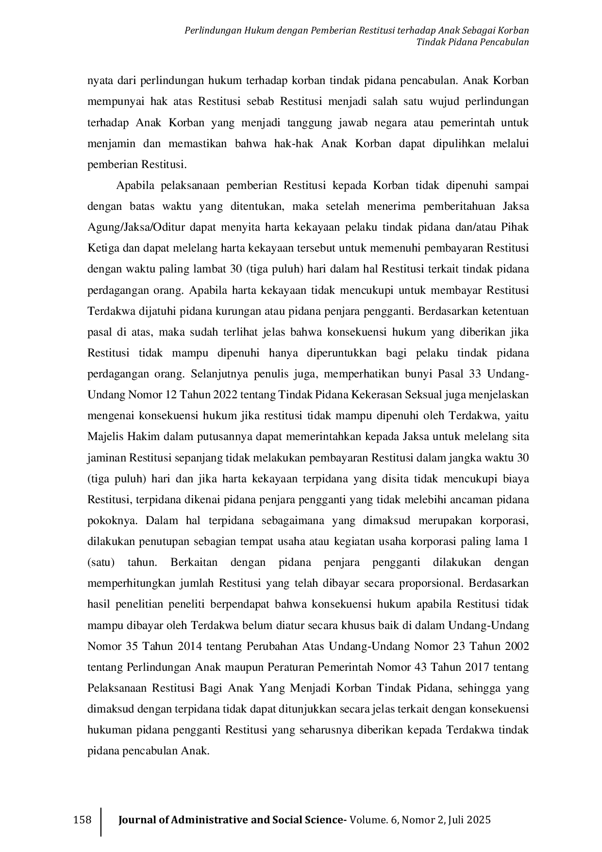 JURIS Perlindungan Hukum Dengan Pemberian Restitusi Terhadap Anak Sebagai Korban Tindak Pidana Pencabulan