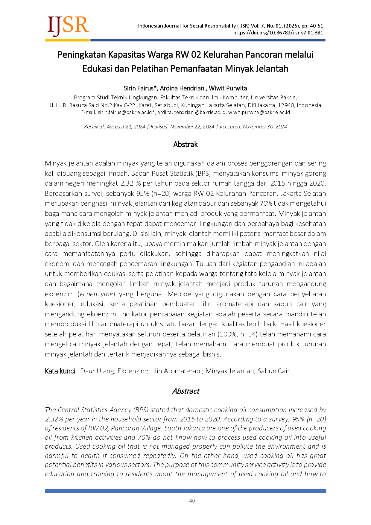 juris Peningkatan Kapasitas Warga RW 02 Kelurahan Pancoran melalui Edukasi dan Pelatihan Pemanfaatan Minyak Jelantah