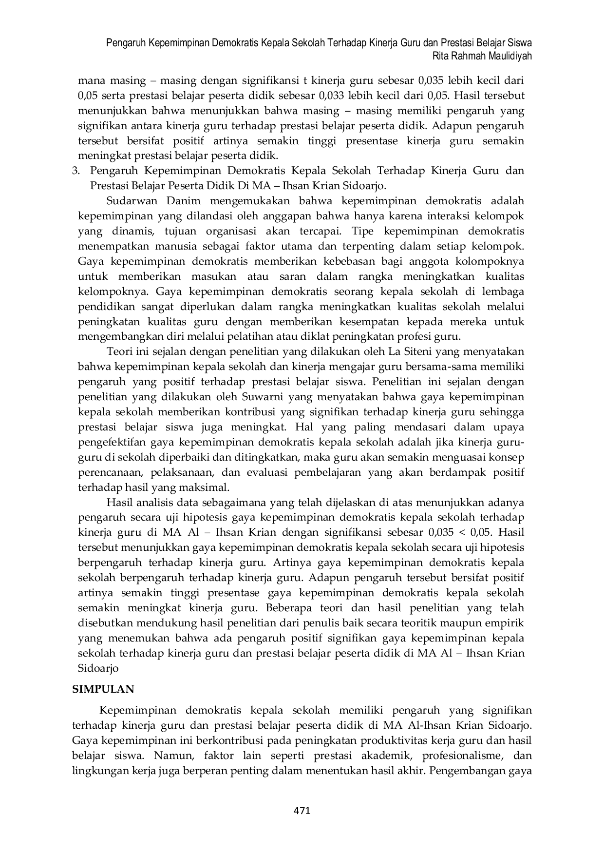 JURIS Pengaruh Kepemimpinan Demokratis Kepala Sekolah Terhadap Kinerja Guru dan Prestasi Belajar Siswa di MA Al Ihsan Krian