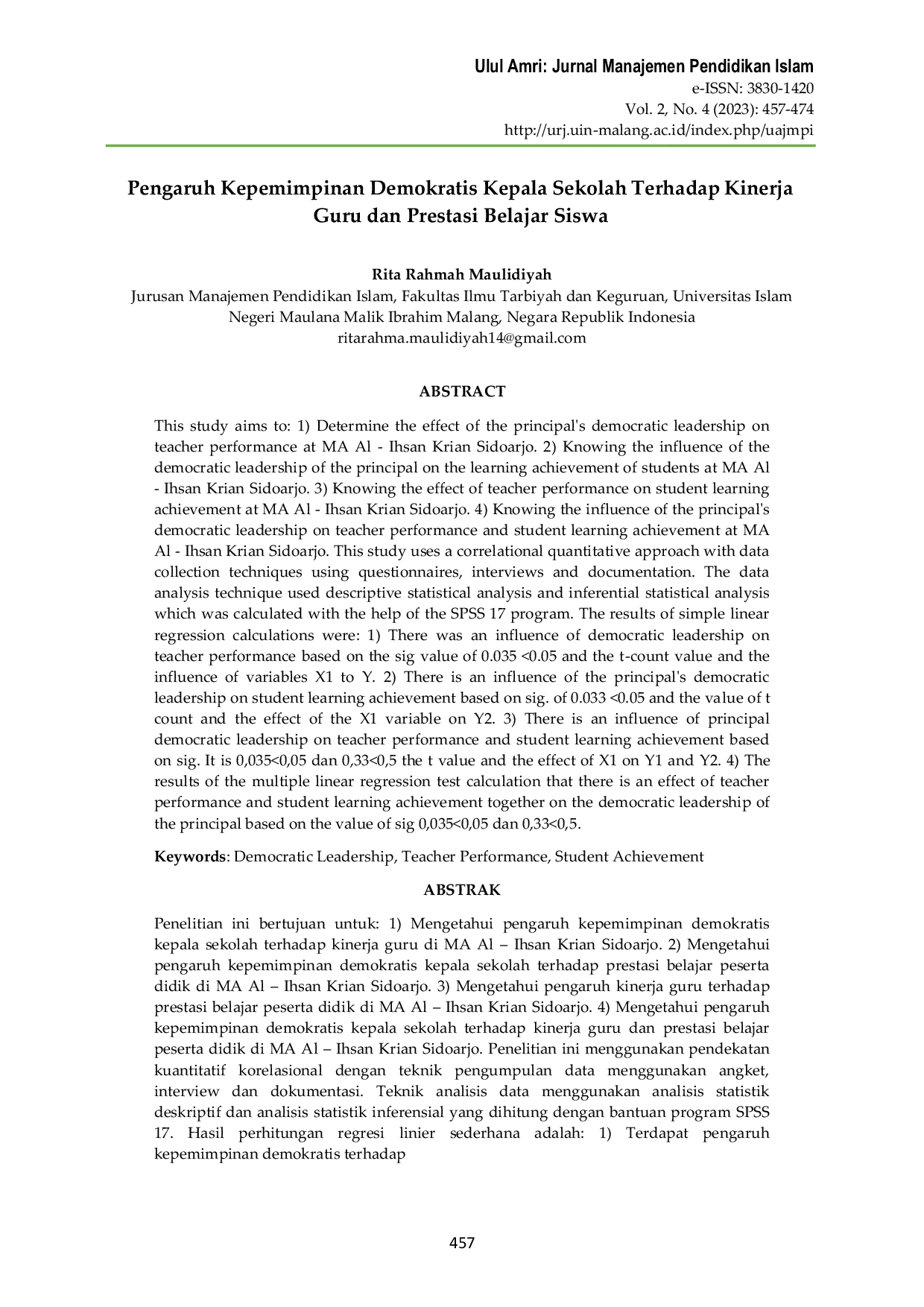 JURIS Pengaruh Kepemimpinan Demokratis Kepala Sekolah Terhadap Kinerja Guru dan Prestasi Belajar Siswa di MA Al Ihsan Krian