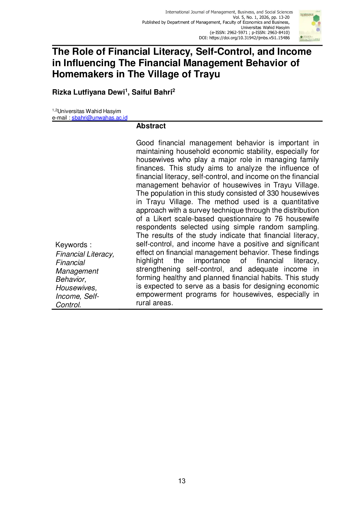 JURIS The Role of Financial Literacy Self Control and Income in Influencing the Financial Management Behavior of Homemakers in the Village of Trayu