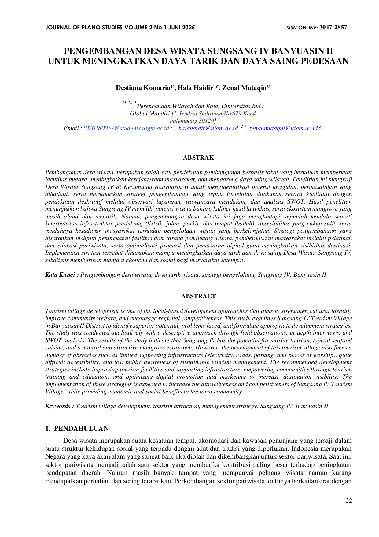 JURIS Pengembangan Desa Wisata Sungsang IV Banyuasin II untuk Meningkatkan Daya Tarik dan Daya Saing pedesaan