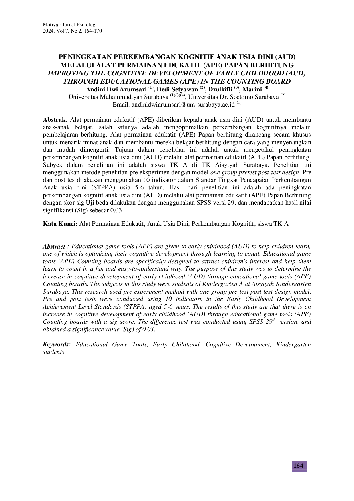 JURIS Peningkatan Perkembangan Kognitif Anak Usia Dini AUD Melalui Alat Permainan Edukatif APE Papan Berhitung