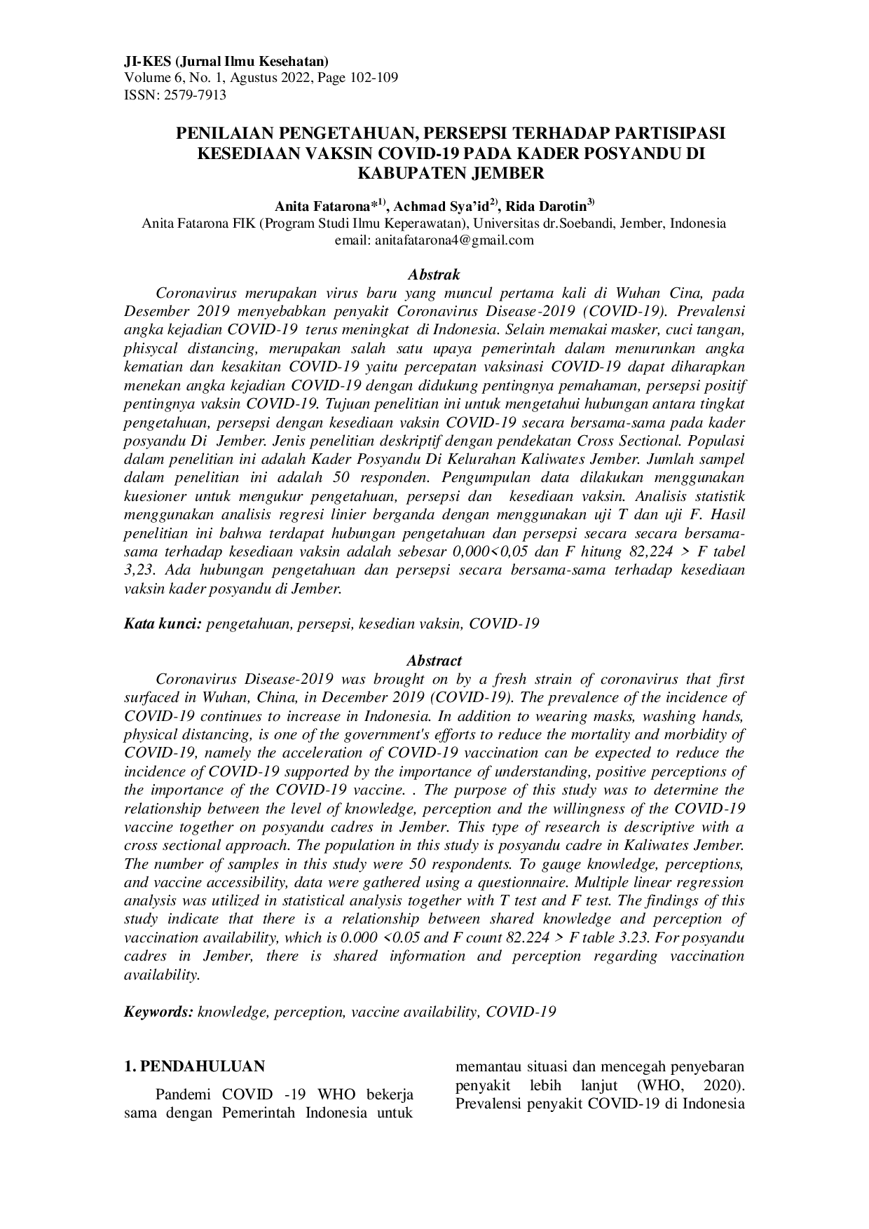 JURIS Penilaian Pengetahuan Persepsi terhadap Partisipasi Kesediaan Vaksin Covid 19 pada Kader Posyandu di Kabupaten Jember