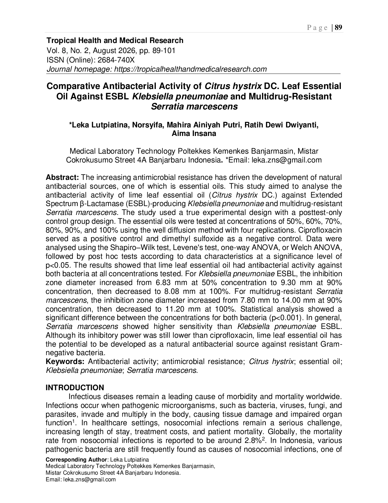 JURIS Comparative Antibacterial Activity of Citrus hystrix DC Leaf Essential Oil Against ESBL Klebsiella pneumoniae and Multidrug Resistant Serratia marcescens