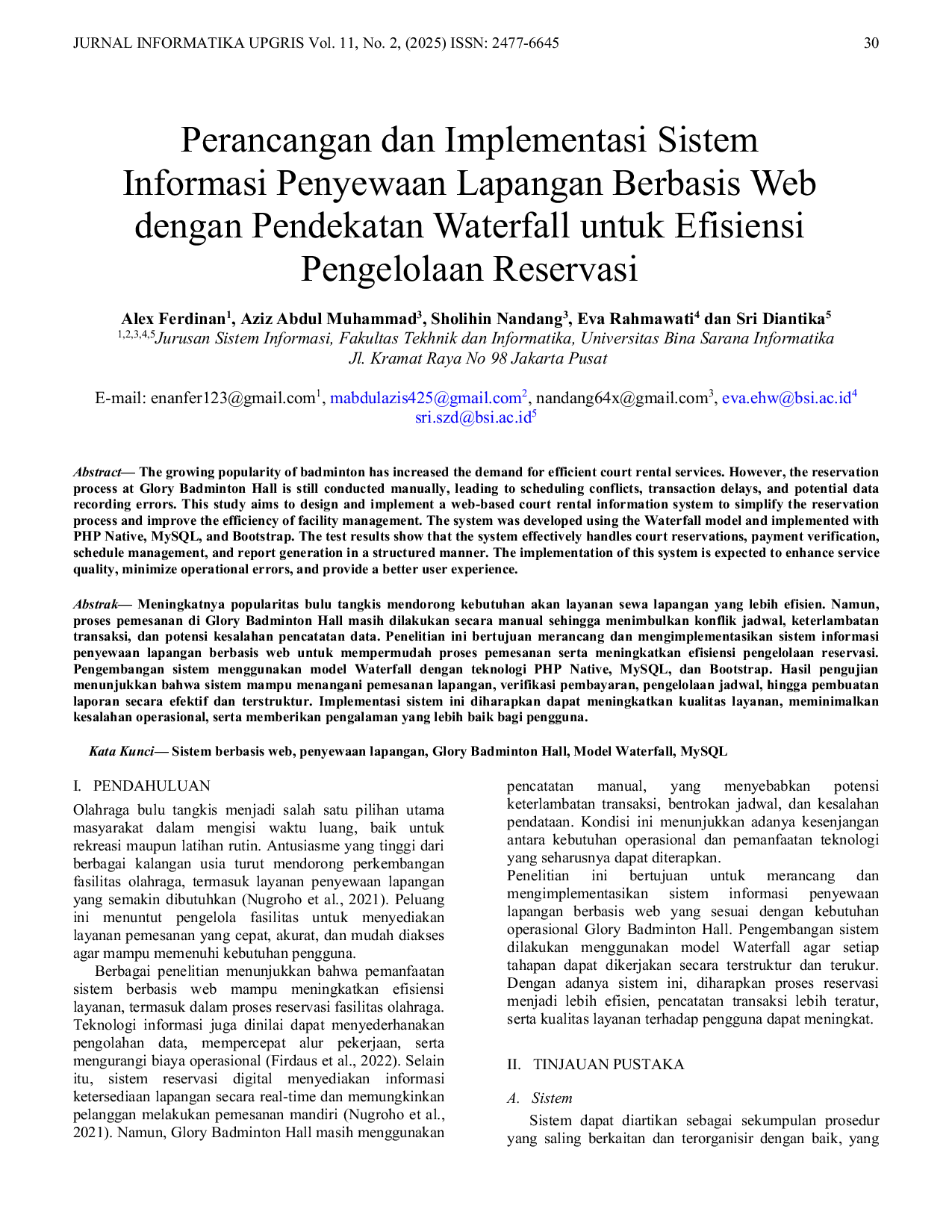 JURIS Perancangan dan Implementasi Sistem Informasi Penyewaan Lapangan Berbasis Web dengan Pendekatan Waterfall untuk Efisiensi Pengelolaan Reservasi