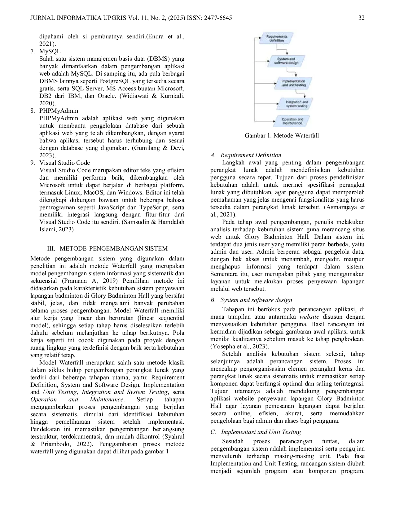 JURIS Perancangan dan Implementasi Sistem Informasi Penyewaan Lapangan Berbasis Web dengan Pendekatan Waterfall untuk Efisiensi Pengelolaan Reservasi