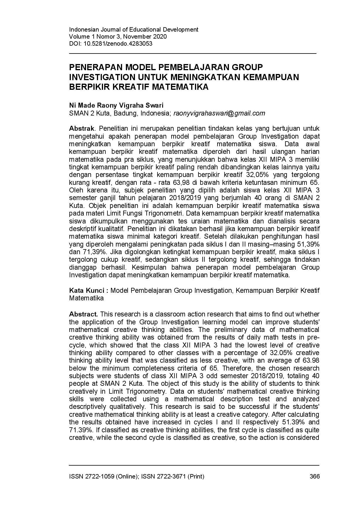 juris Penerapan model pembelajaran group investigation untuk meningkatkan kemampuan berpikir kreatif matematika
