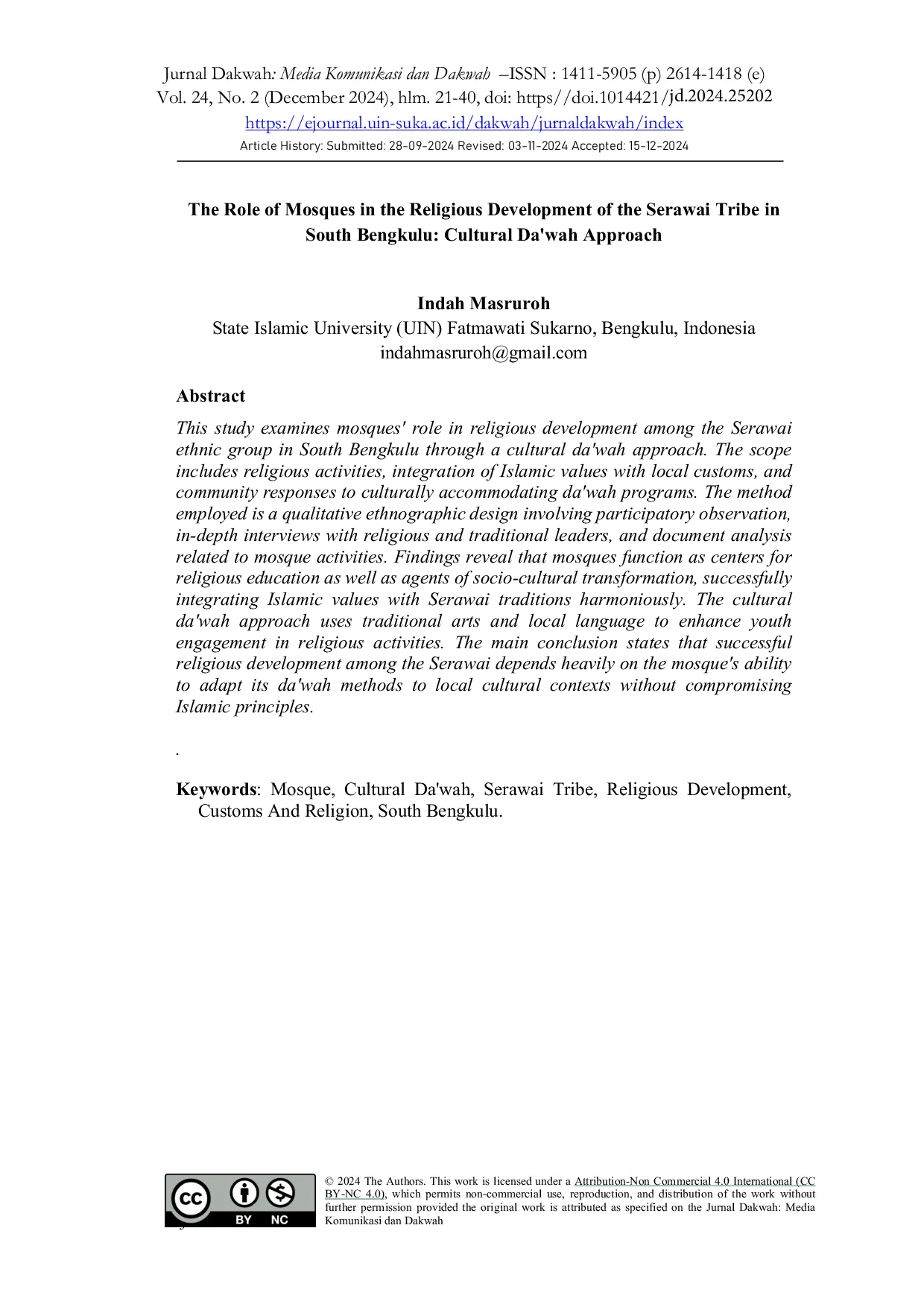 JURIS The Role of Mosques in Religious Development of the Serawai Tribe in South Bengkulu Cultural Da wah Approach