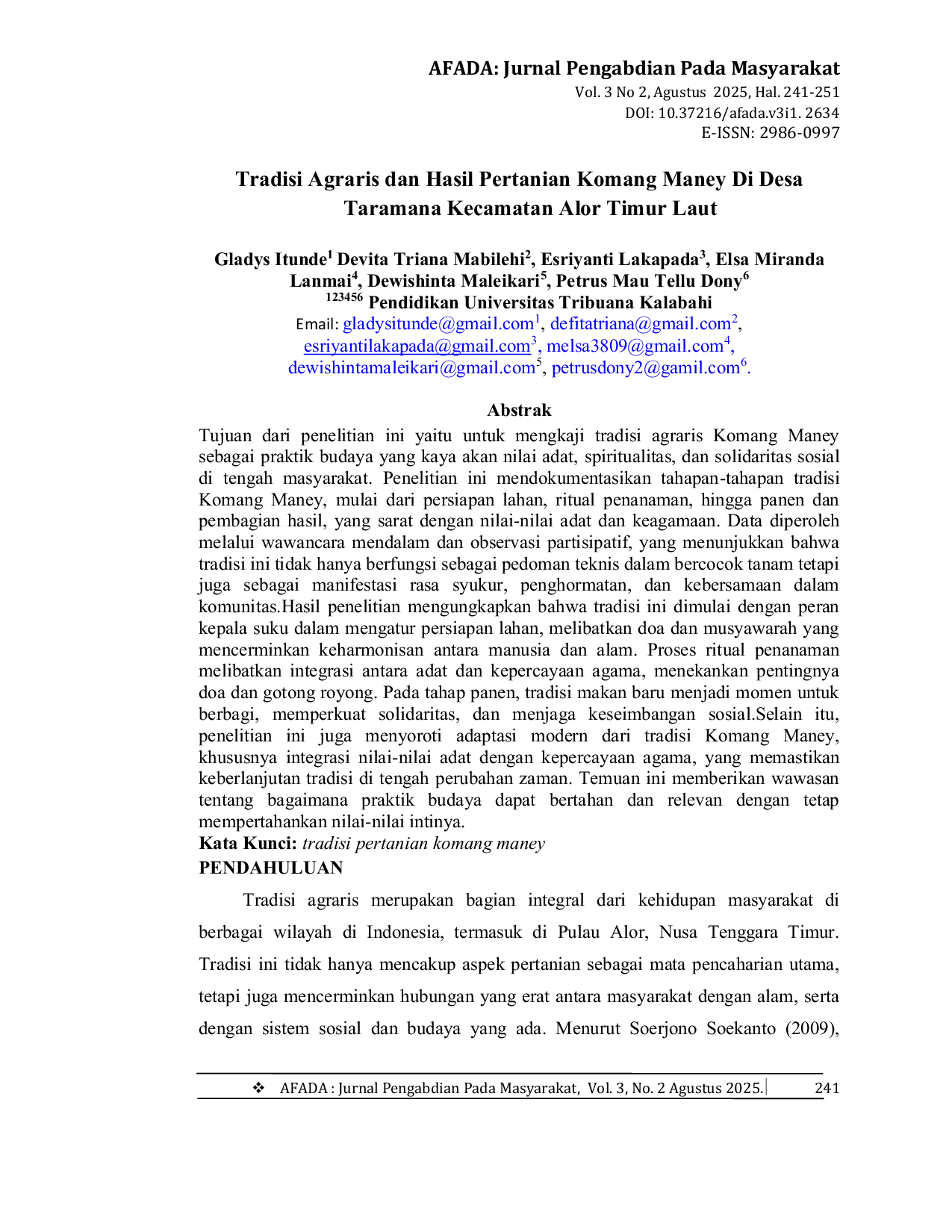 JURIS Tradisi Agraris dan Hasil Pertanian Komang Maney Di Desa Taramana Kecamatan Alor Timur Laut