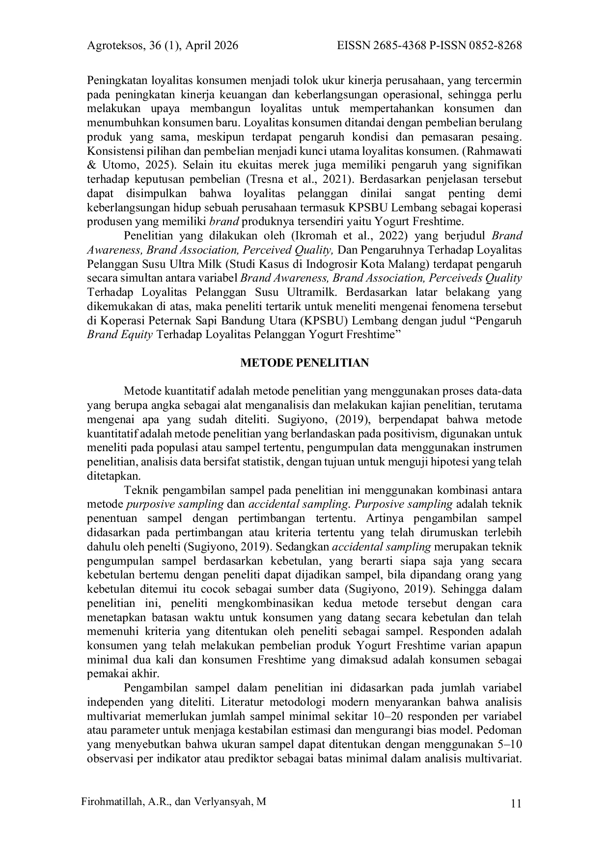 JURIS Pengaruh Brand Equity Terhadap Loyalitas Pelanggan Pada Produk Yogurt Freshtime