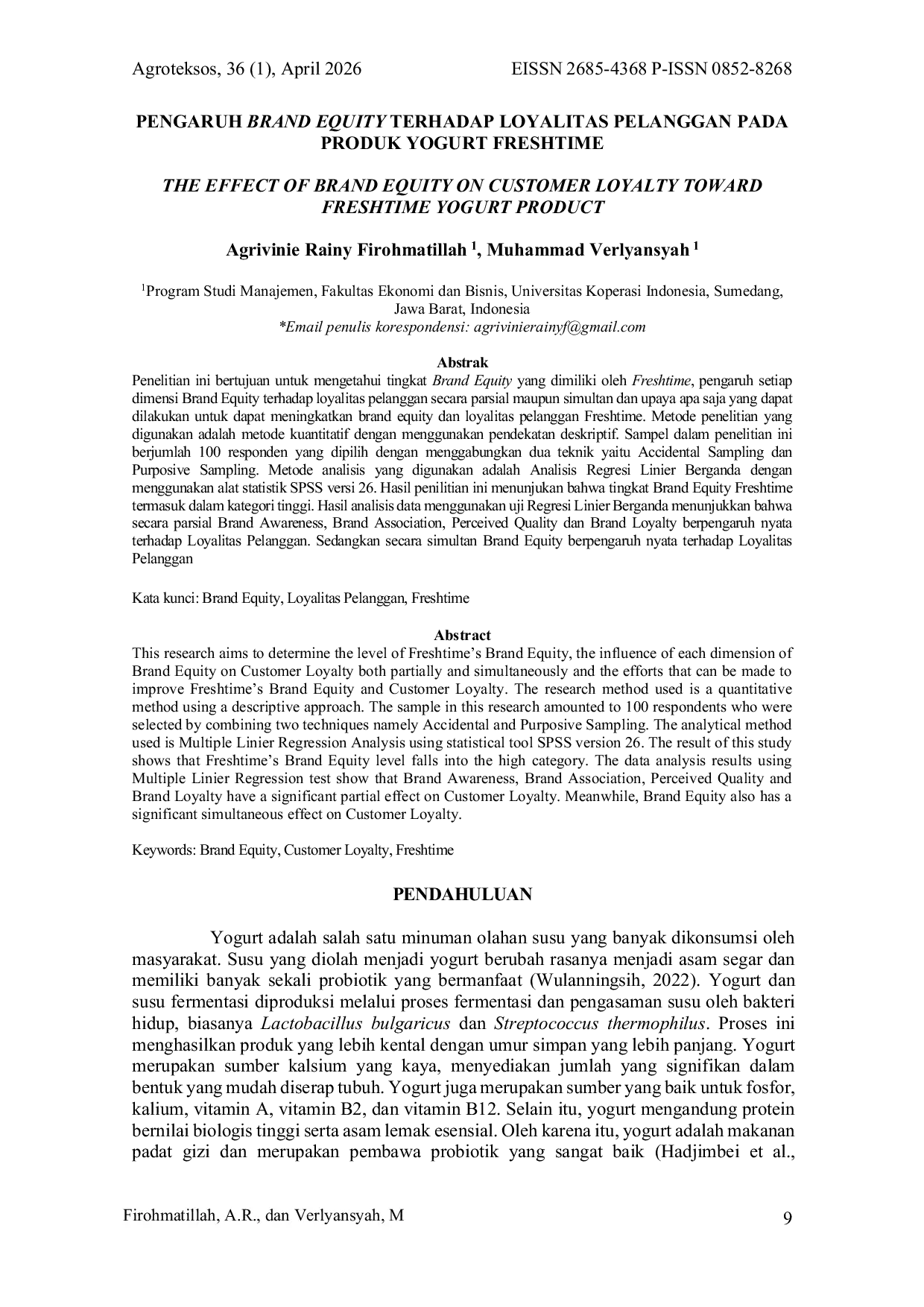 JURIS Pengaruh Brand Equity Terhadap Loyalitas Pelanggan Pada Produk Yogurt Freshtime