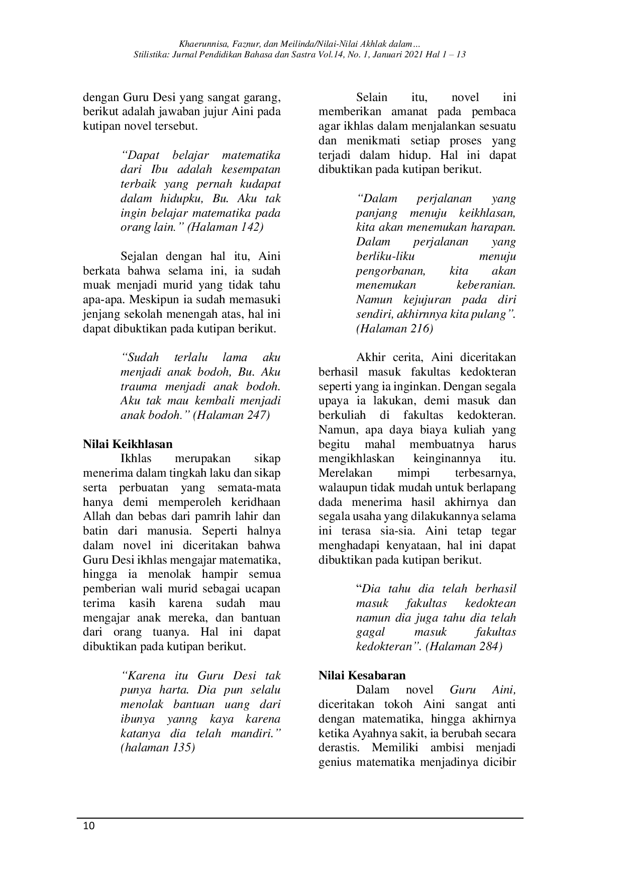 JURIS Nilai Nilai Akhlak Dalam Novel Guru Aini Karya Andrea Hirata