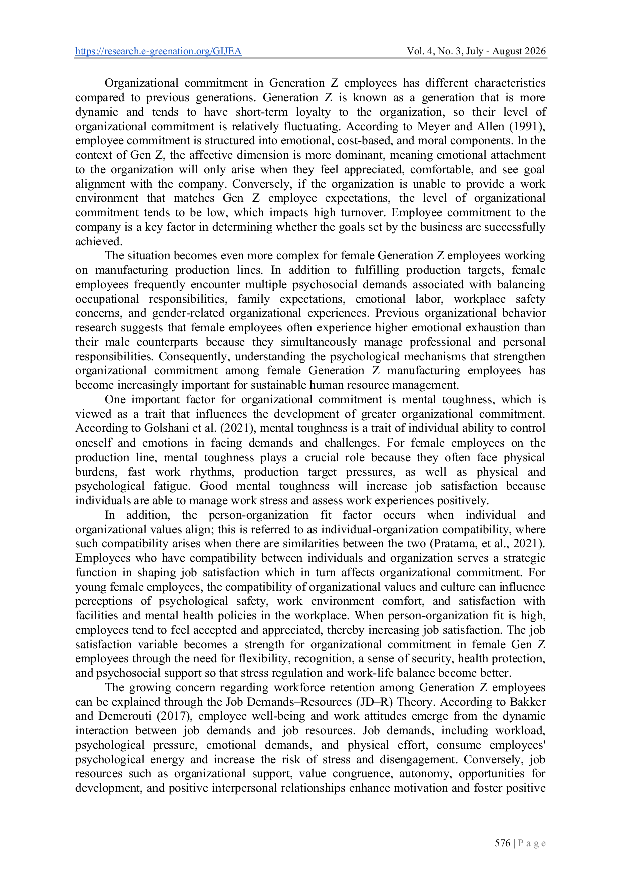 JURIS Psychosocial Factors and Organizational Commitment among Female Generation Z Employees in the Manufacturing Sector The Mediating Role of Job Satisfaction