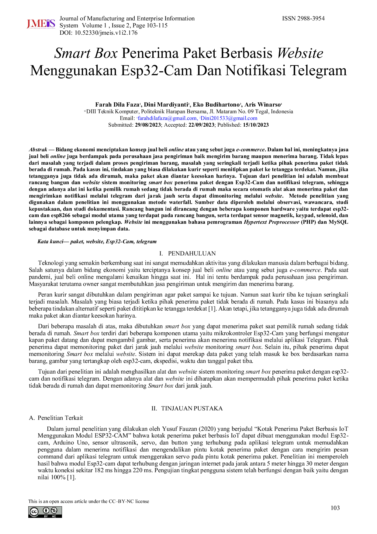 JURIS Smart Box Penerima Paket Berbasis Website Menggunakan Esp32 Cam Dan Notifikasi Telegram