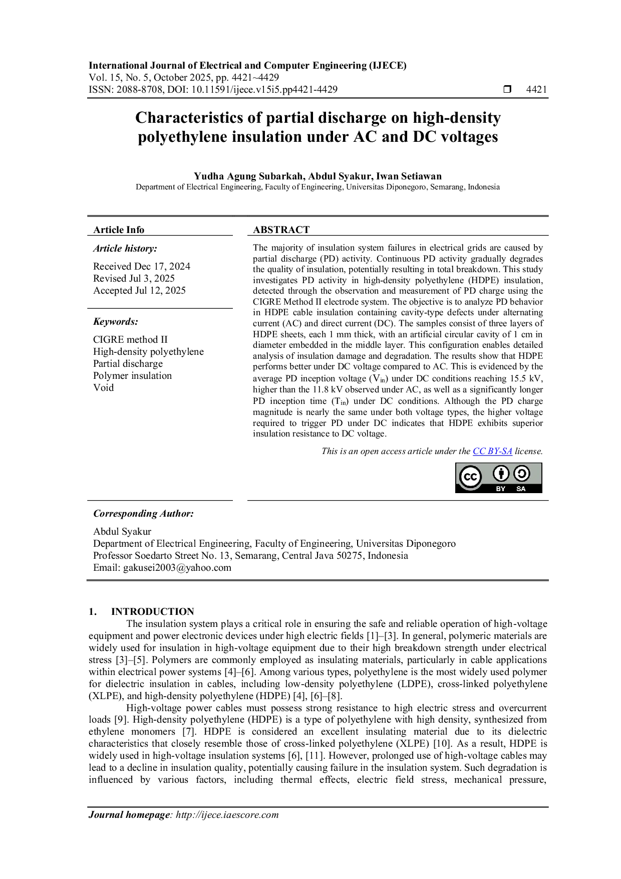 JURIS Characteristics of partial discharge on high density polyethylene insulation under AC and DC voltages
