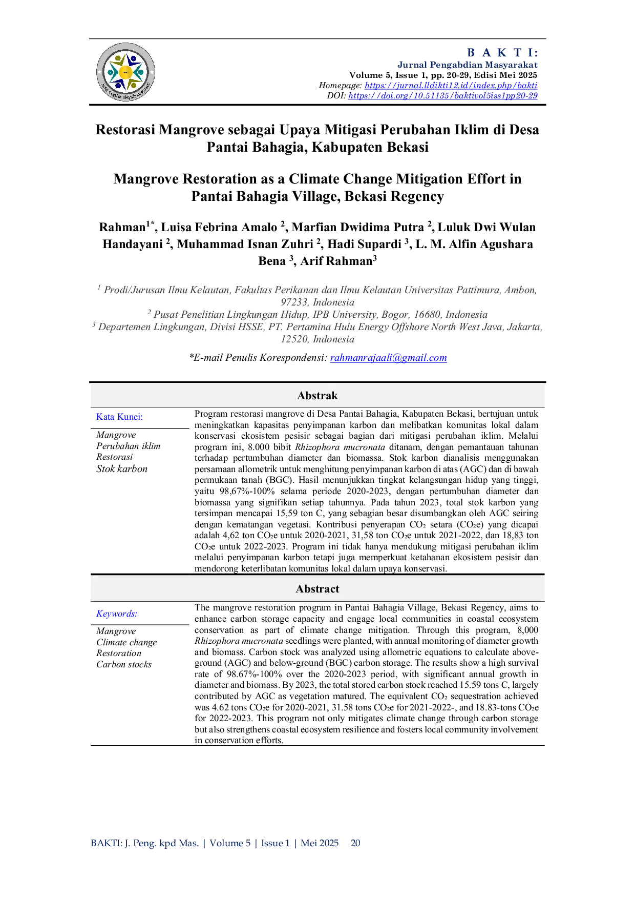 JURIS Restorasi Mangrove sebagai Upaya Mitigasi Perubahan Iklim di Desa Pantai Bahagia Kabupaten Bekasi