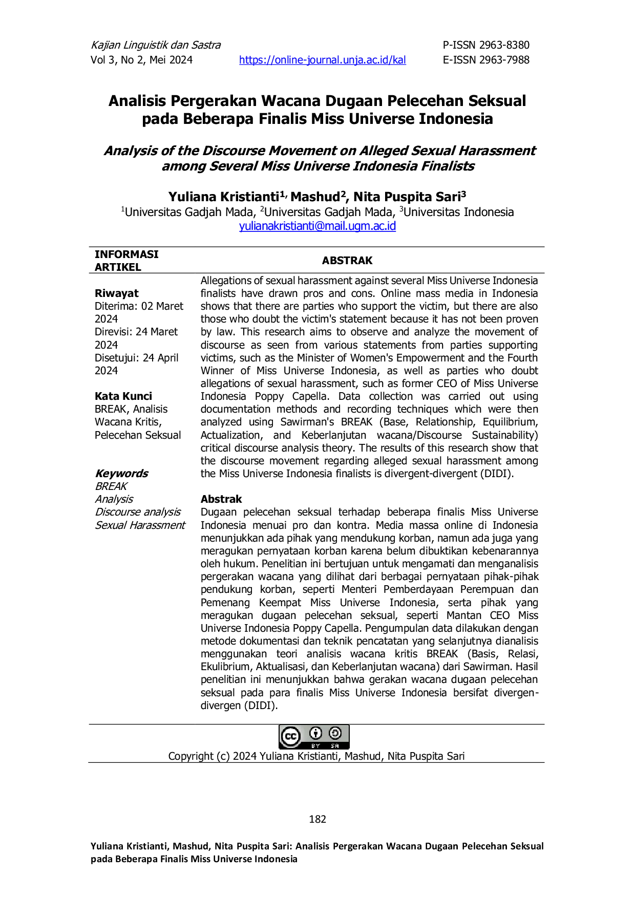 JURIS Analisis Pergerakan Wacana Dugaan Pelecehan Seksual pada Beberapa Finalis Miss Universe Indonesia