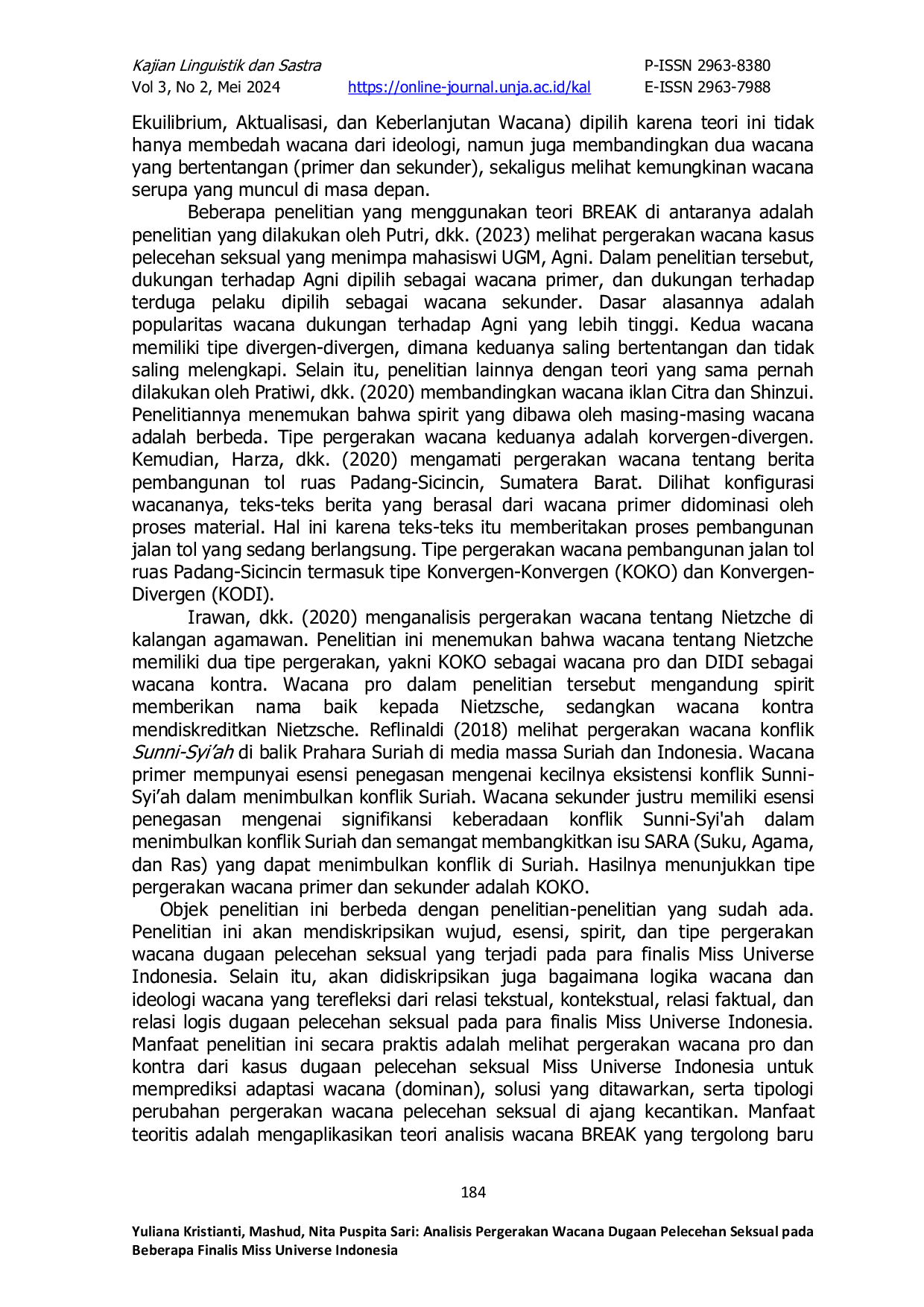 JURIS Analisis Pergerakan Wacana Dugaan Pelecehan Seksual pada Beberapa Finalis Miss Universe Indonesia