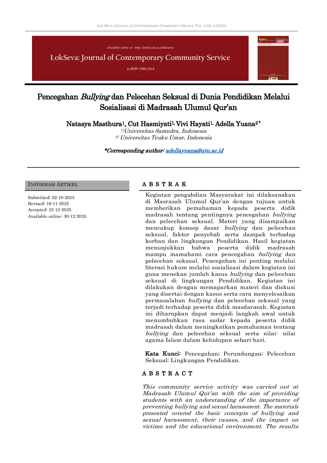 JURIS Pencegahan Bullyiang dan Pelecehan Seksual di Dunia Pendidikan Melalui Sosialisasi di Madrasah Ulumul Qur an