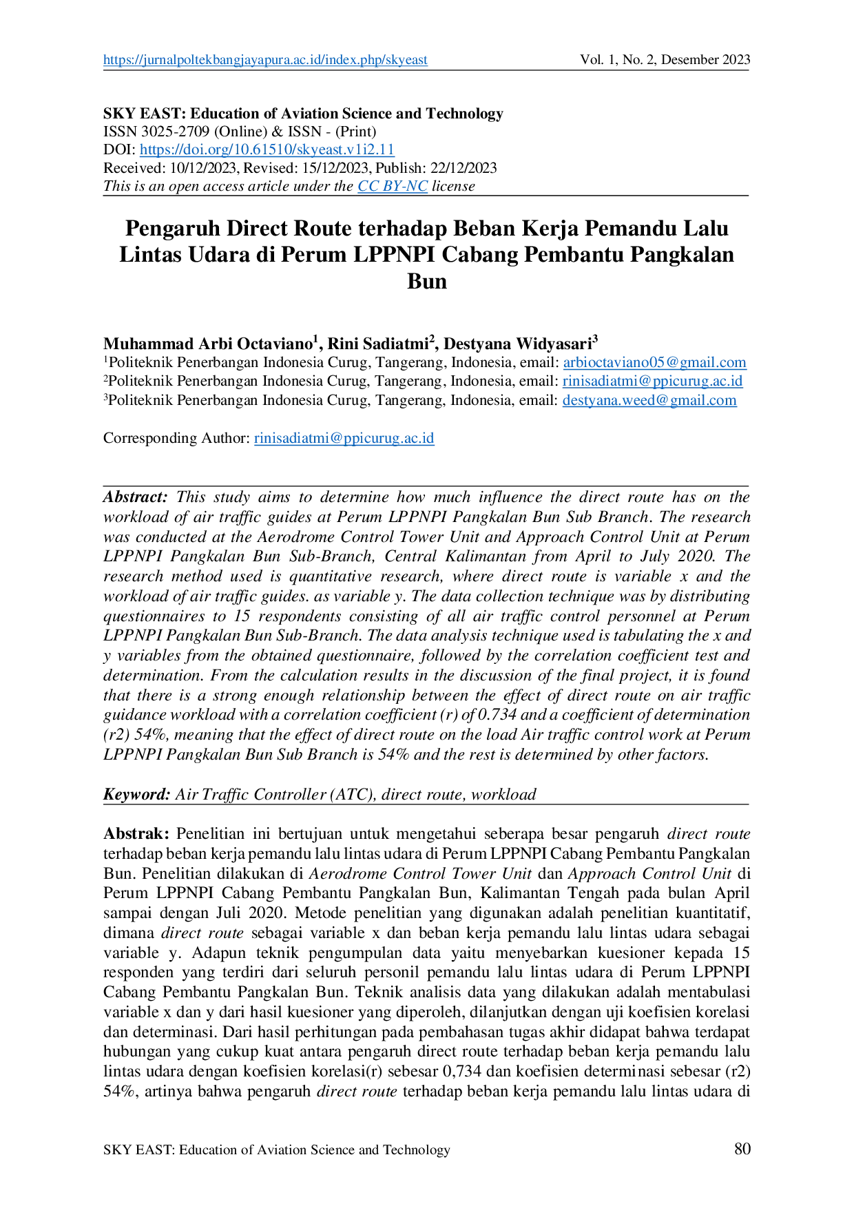 juris Pengaruh Direct Route terhadap Beban Kerja Pemandu Lalu Lintas Udara di Perum LPPNPI Cabang Pembantu Pangkalan Bun