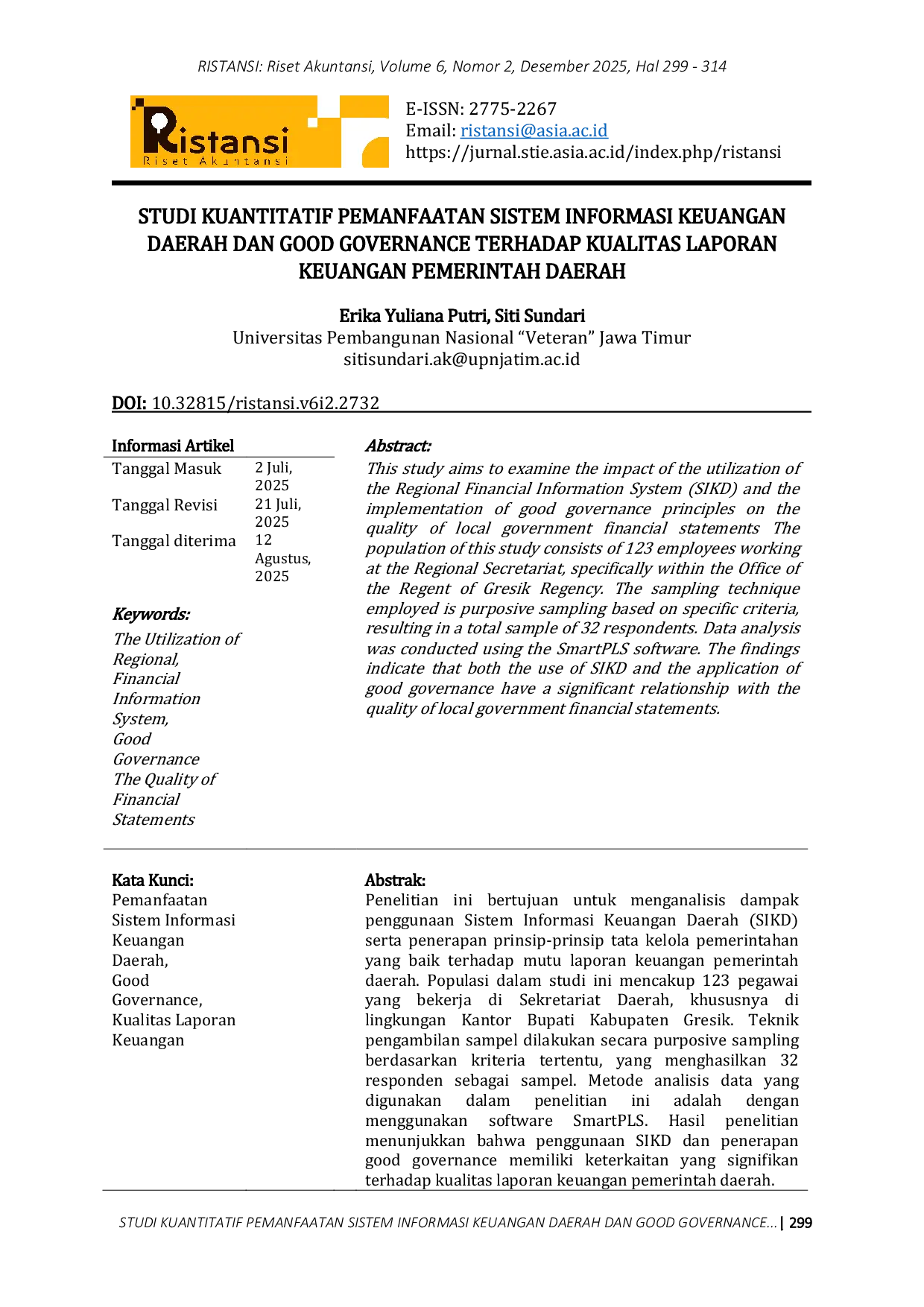 JURIS Studi Kuantitatif Pemanfaatan Sistem Informasi Keuangan Daerah Dan Good Governance Terhadap Kualitas Laporan Keuangan Pemerintah Daerah