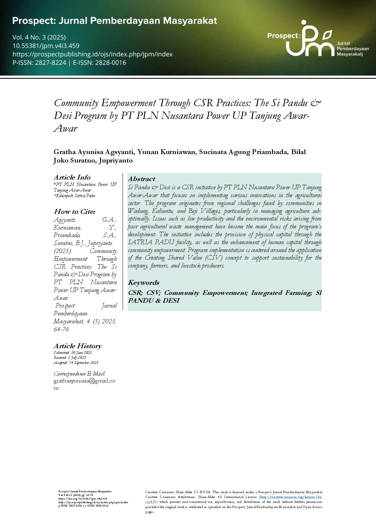 juris Community Empowerment Through CSR Practices The Si Pandu Desi Program by PT PLN Nusantara Power UP Tanjung Awar Awar