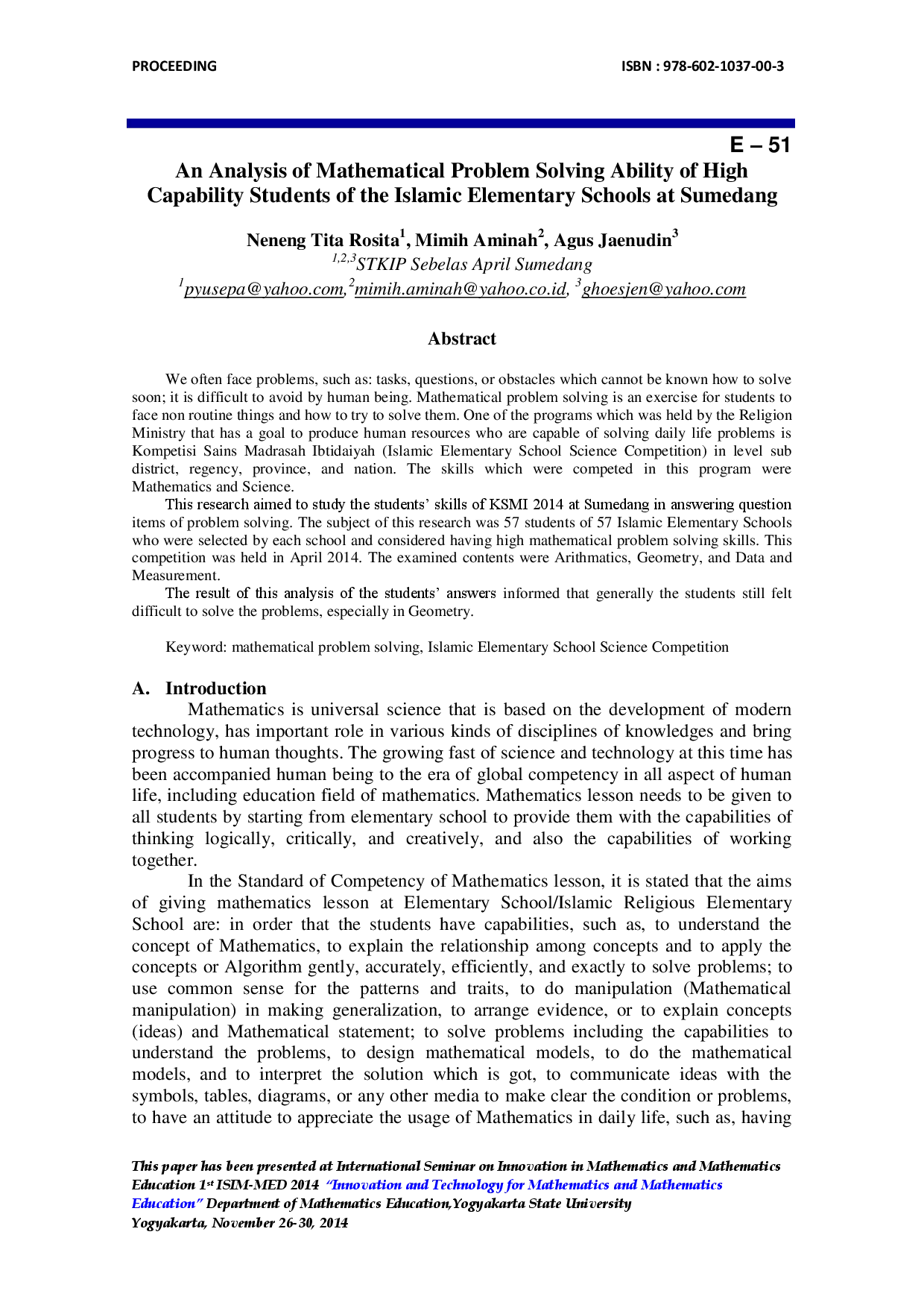 juris An Analysis of Mathematical Problem Solving Ability of High Capability Students of the Islamic Elementary Schools at Sumedang