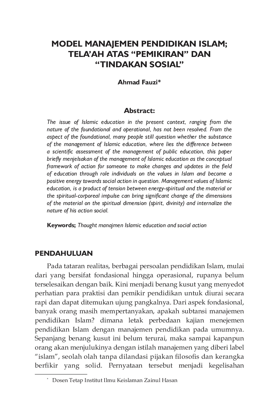 JURIS Model Manajemen Pendidikan Islam Tela ah Atas Pemikiran Dan Tindakan Sosial