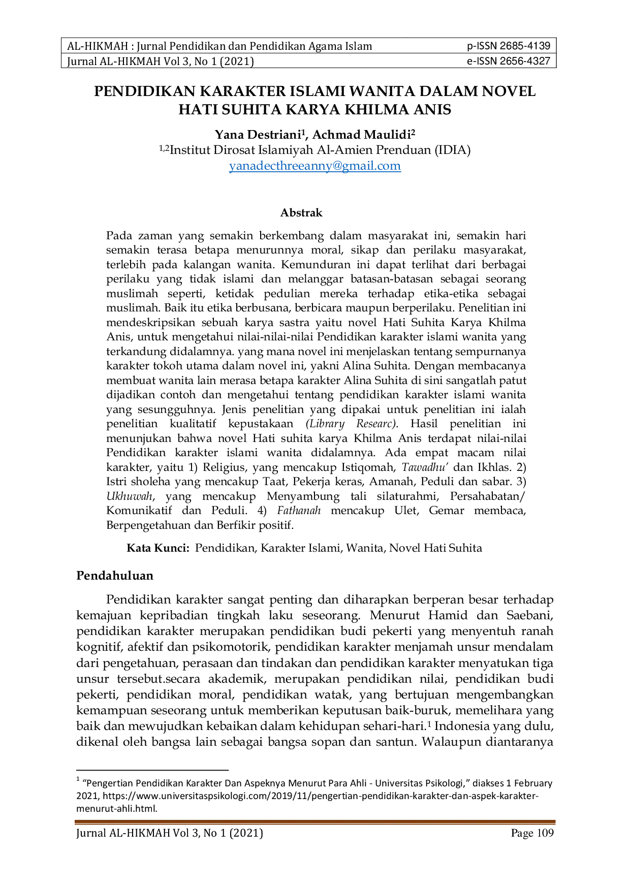 JURIS Pendidikan Karakter Islami Wanita Dalam Novel Hati Suhita Karya Khilma Anis