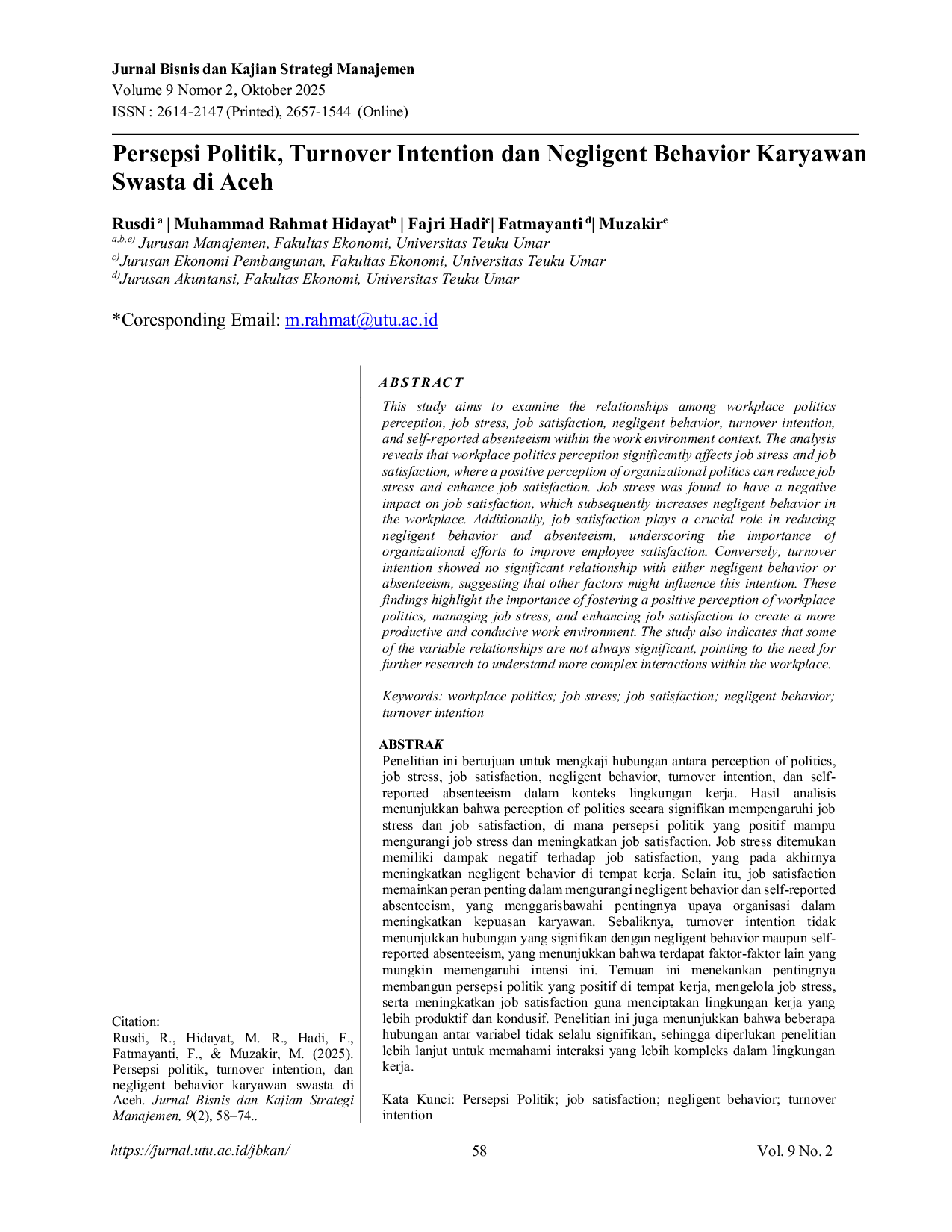 JURIS Persepsi Politik Turnover Intention dan Negligent Behavior Karyawan Swasta di Aceh