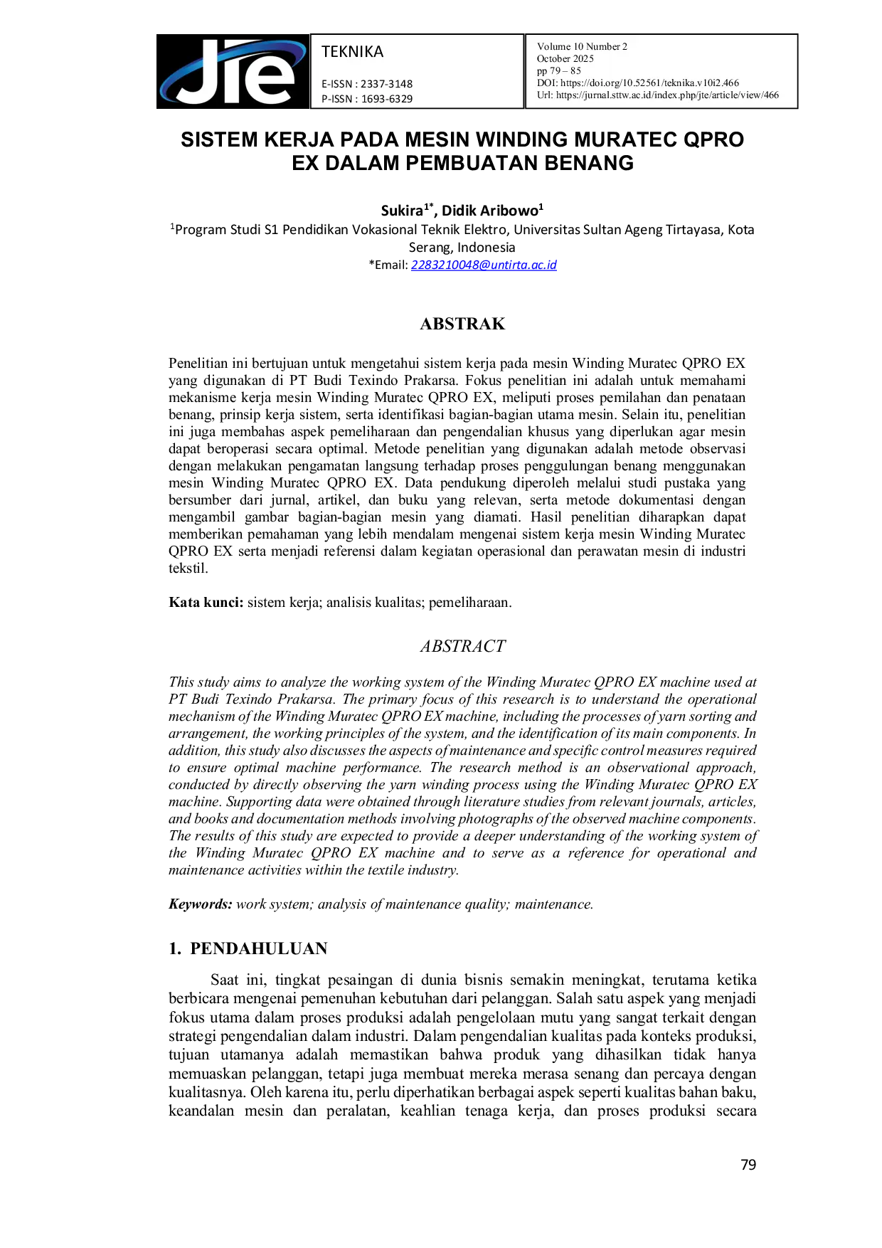 JURIS Sistem Kerja Pada Mesin Winding Muratec QPRO EX Dalam Pembuatan Benang