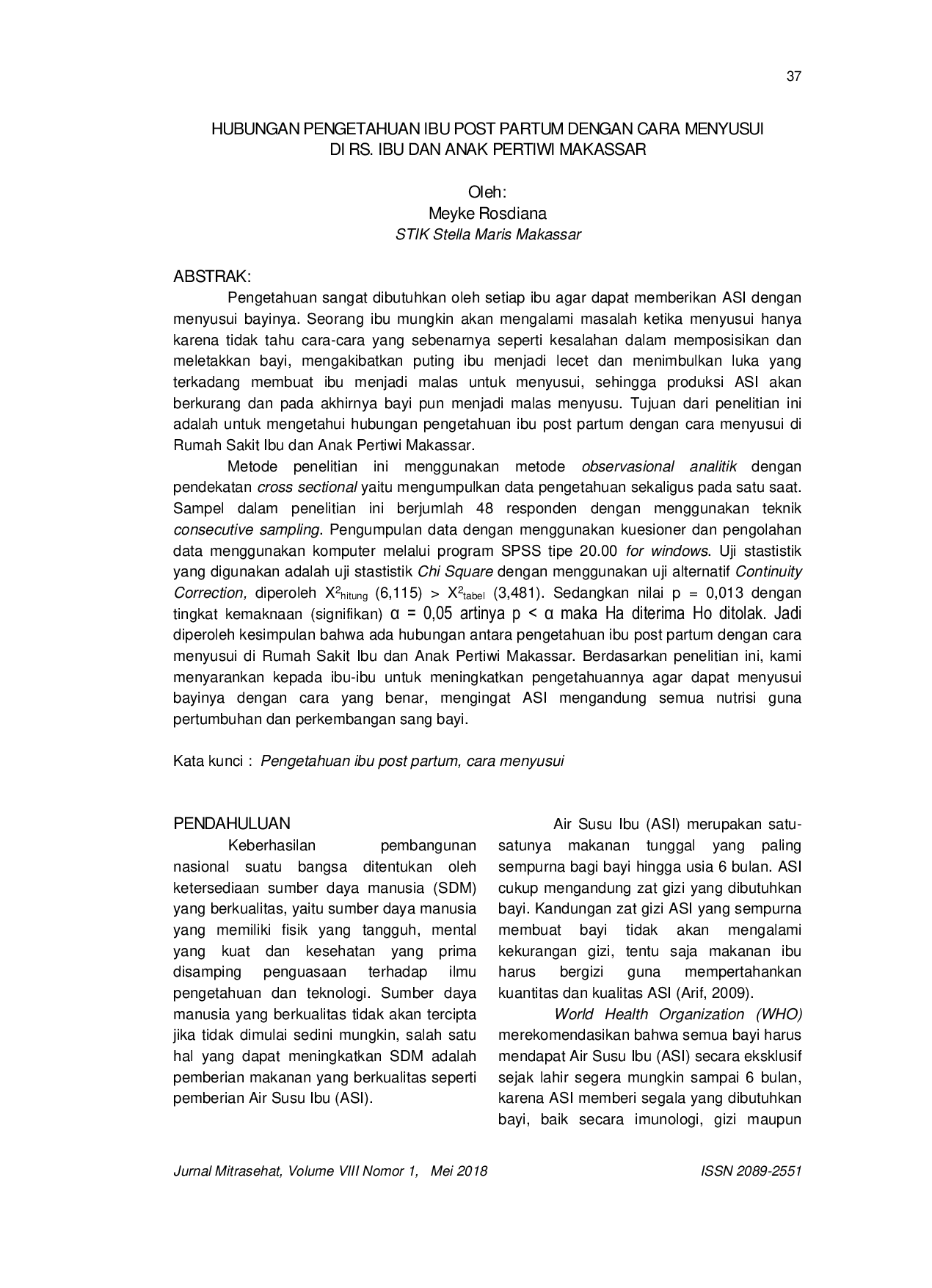 JURIS Hubungan Pengetahuan Ibu Post Partum Dengan Cara Menyusui Di Rs Ibu Dan Anak Pertiwi Makassar