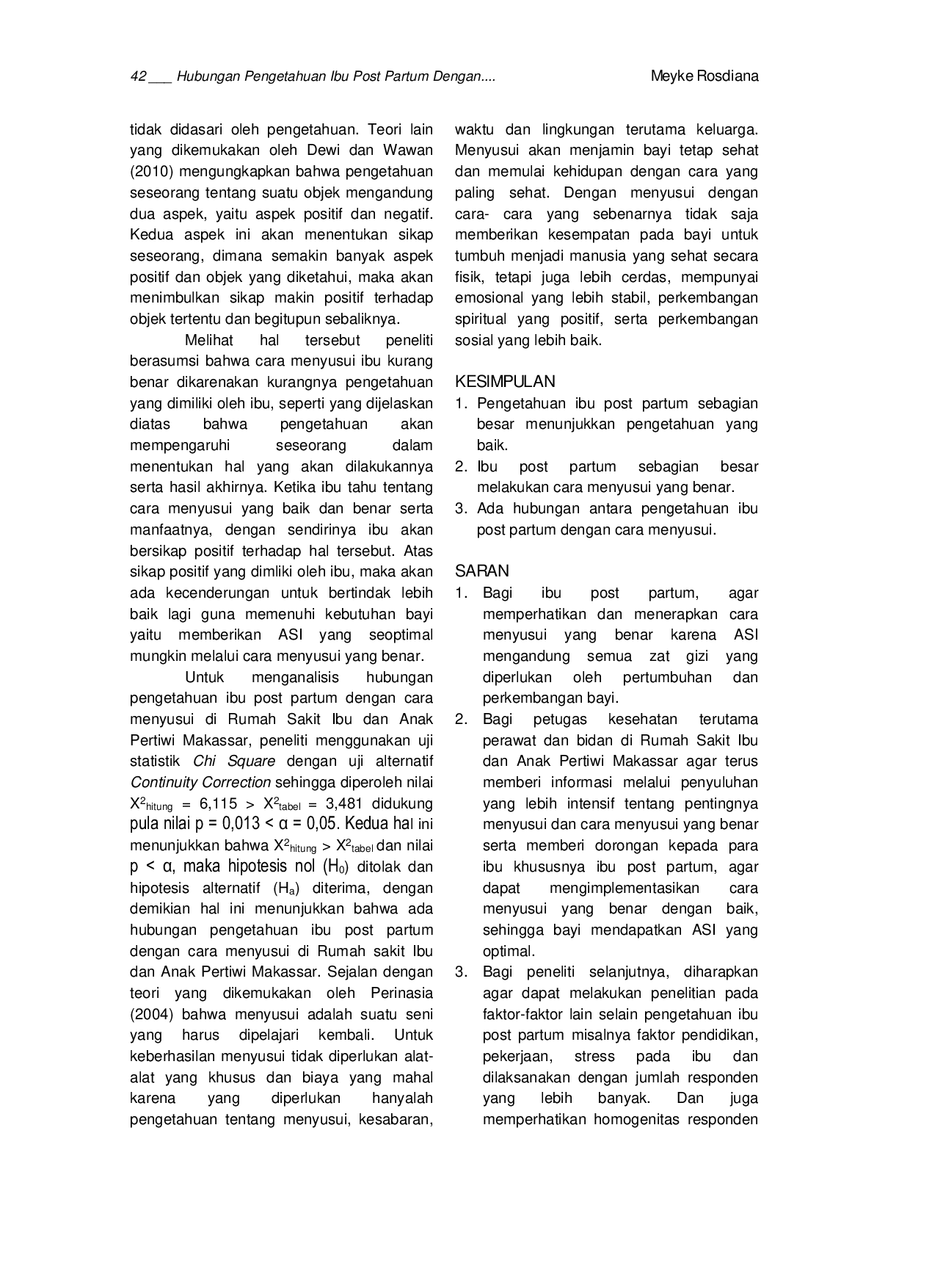 JURIS Hubungan Pengetahuan Ibu Post Partum Dengan Cara Menyusui Di Rs Ibu Dan Anak Pertiwi Makassar